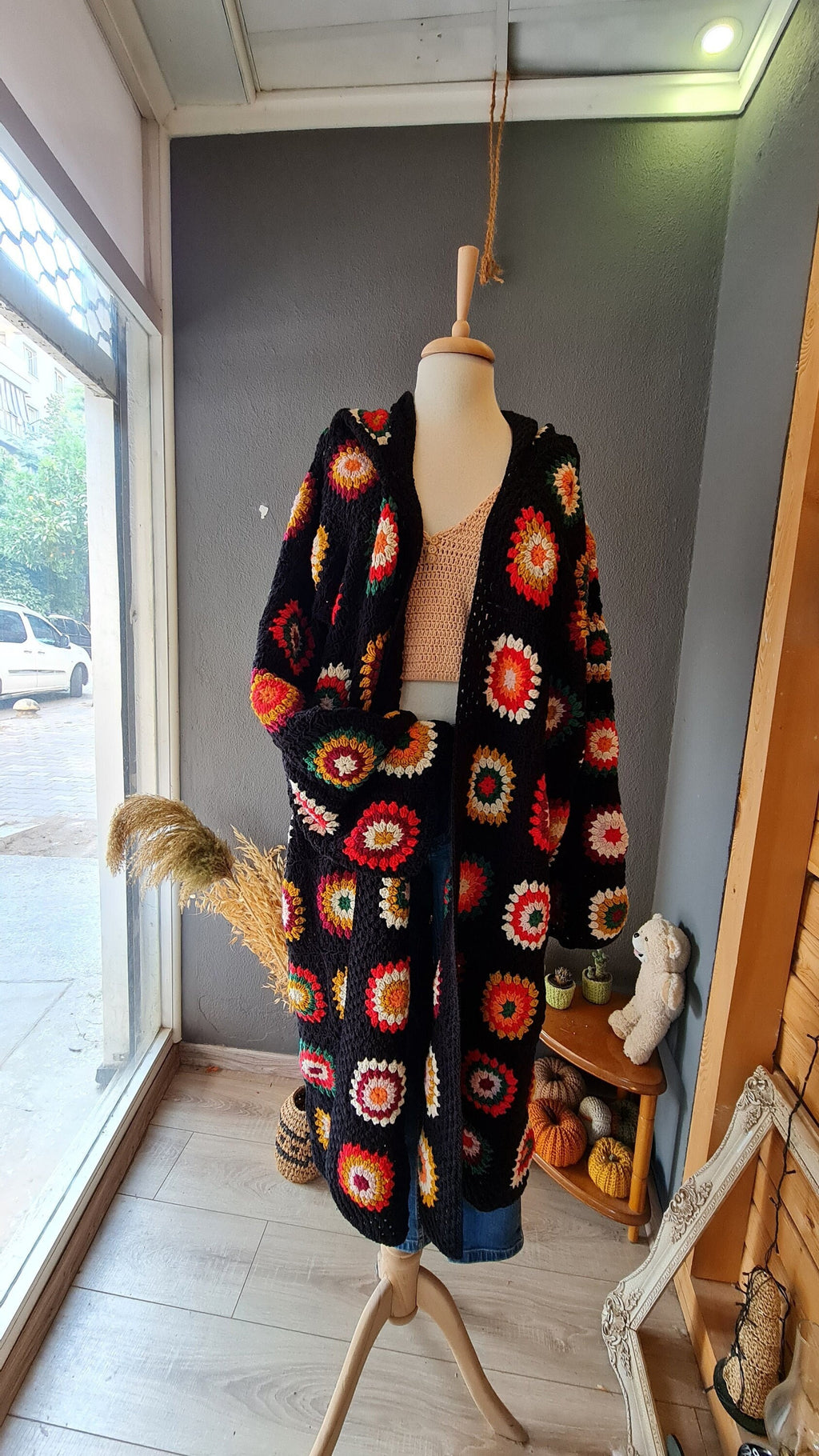 Handmade Granny Square Crochet Cardigan: Alpaca Blend Boho Coat