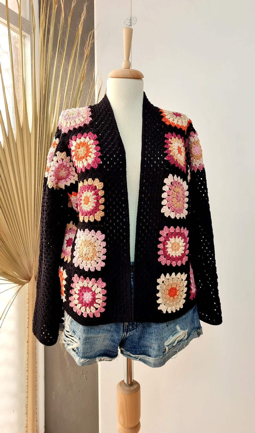 Black Crochet Granny Square Cardigan: Handmade Open Front Sweater