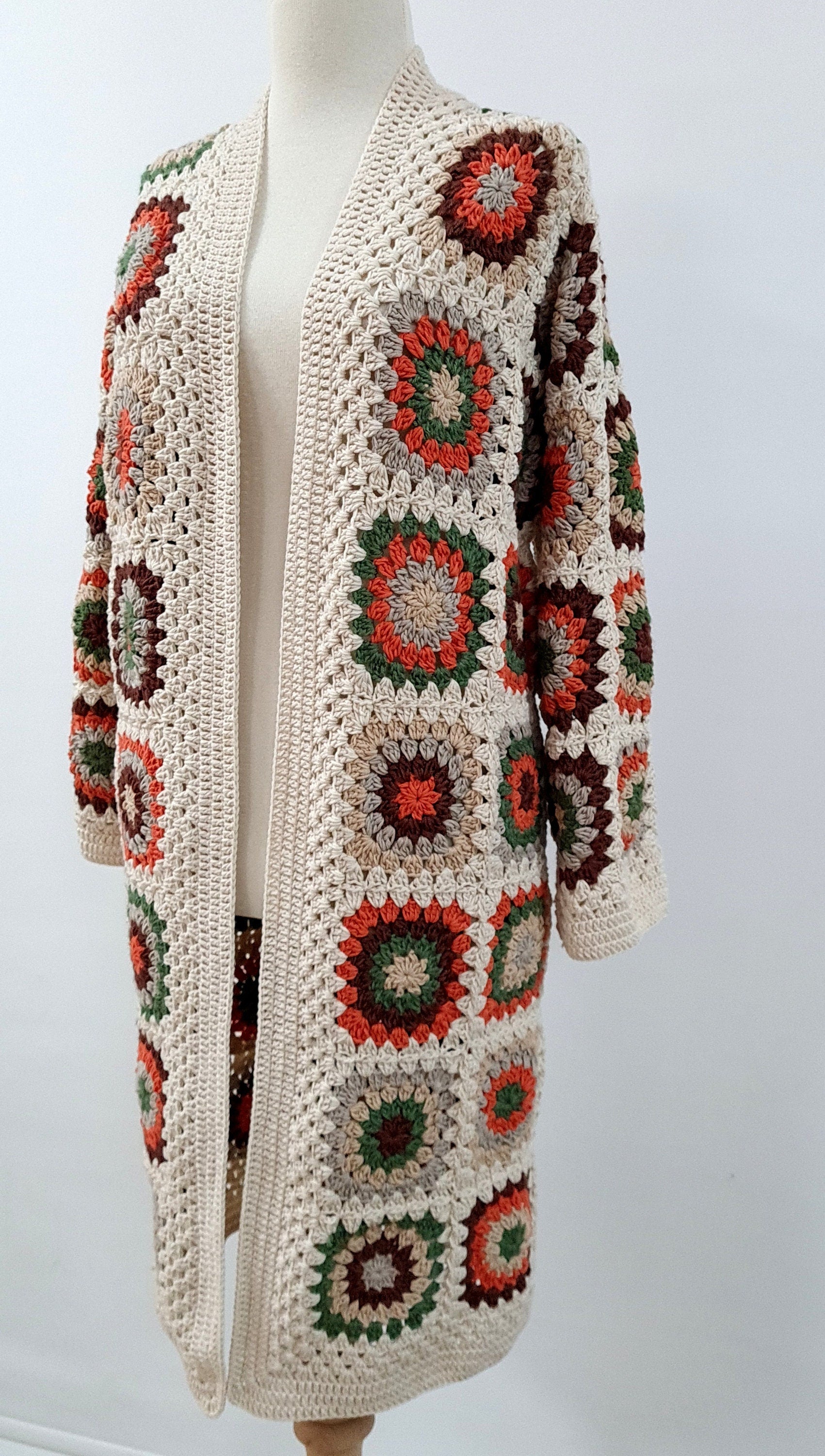 Handmade Crochet Granny Square Cardigan: Boho Patchwork Knit Coat