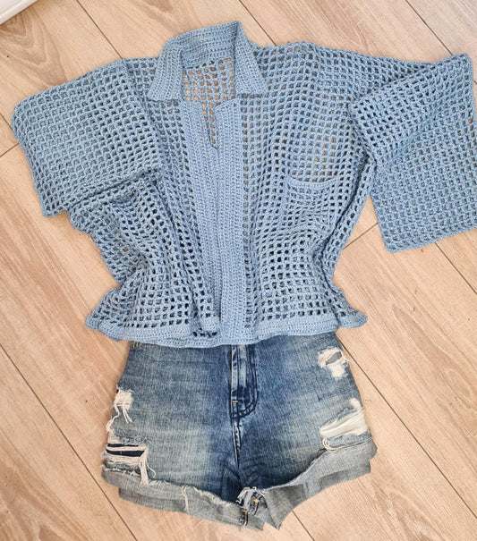 Crochet Mesh Shirt with pocket, modern written, Planner Gift, Long Sleeve Jacket, Mesh Jacket, Unisex Crochet Shirt, Glitter Net Crochet Top