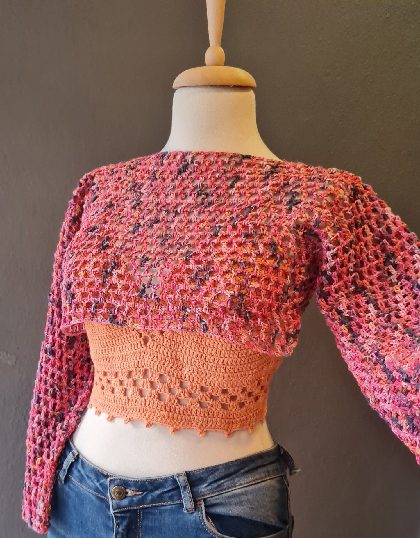 Crochet Mesh Crop Top Pattern, Long Sleeve Crochet Sweater,  Cute Mesh Top