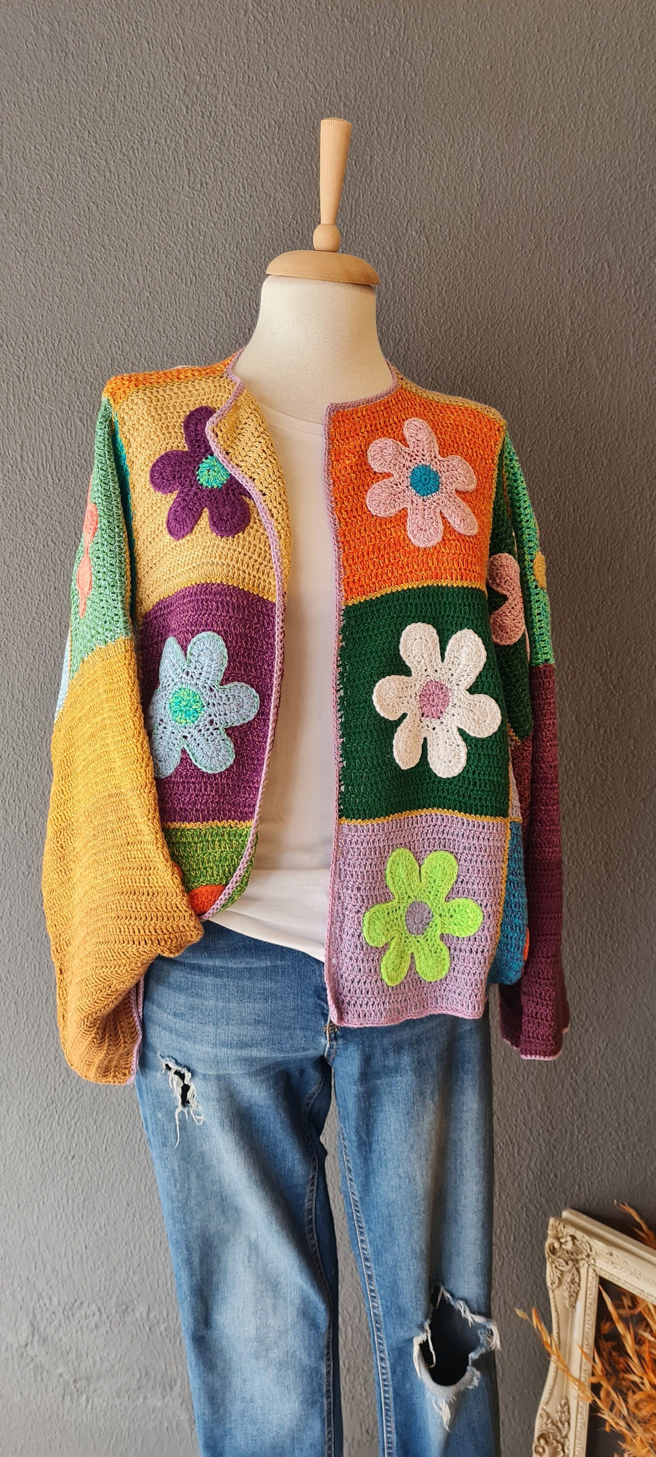 Daisy Crochet Cardigan: Organic Cotton Flower Patchwork Kimono
