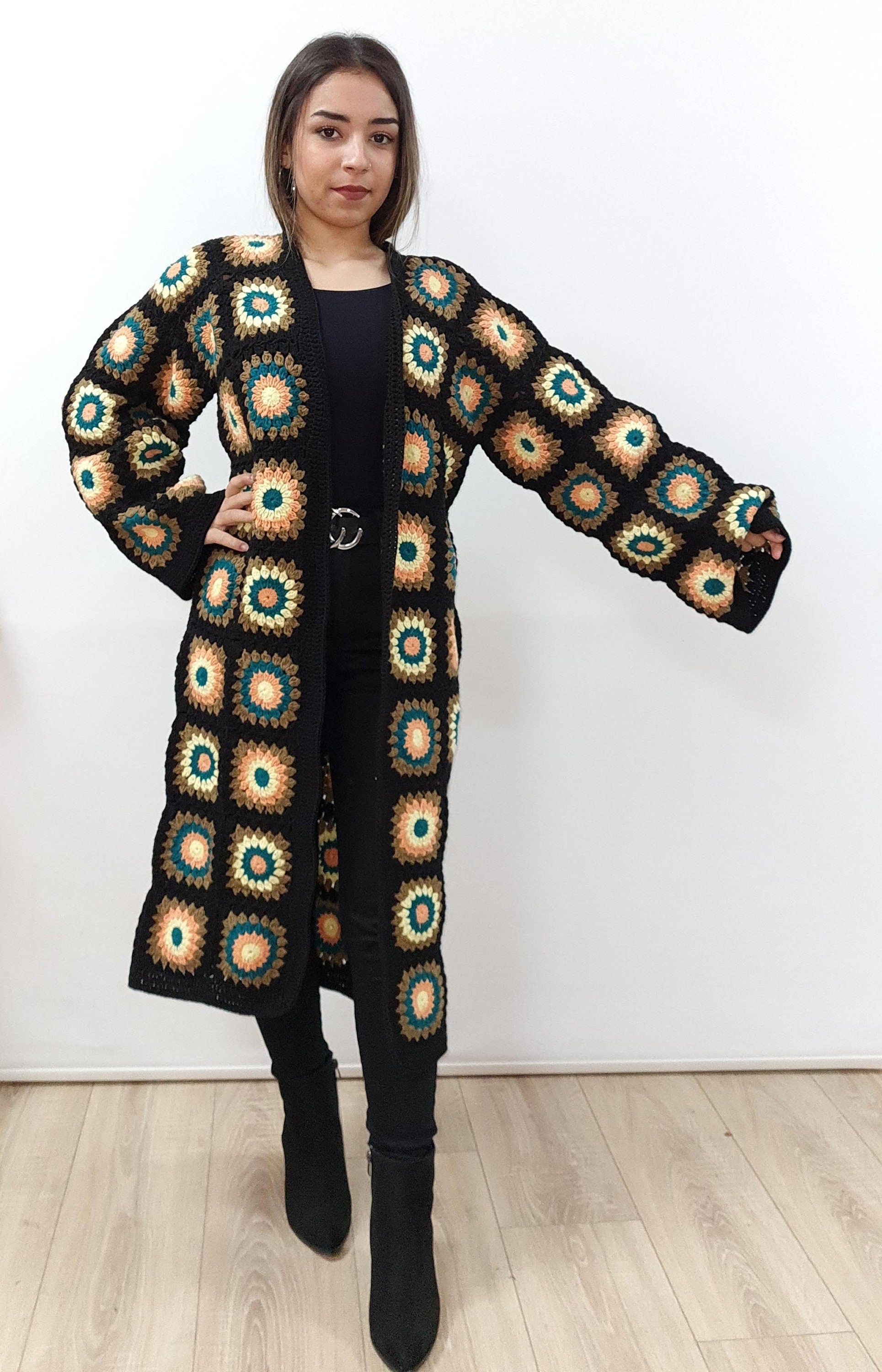 Crochet Granny Square Cardigan: Boho Cotton Afghan Coat