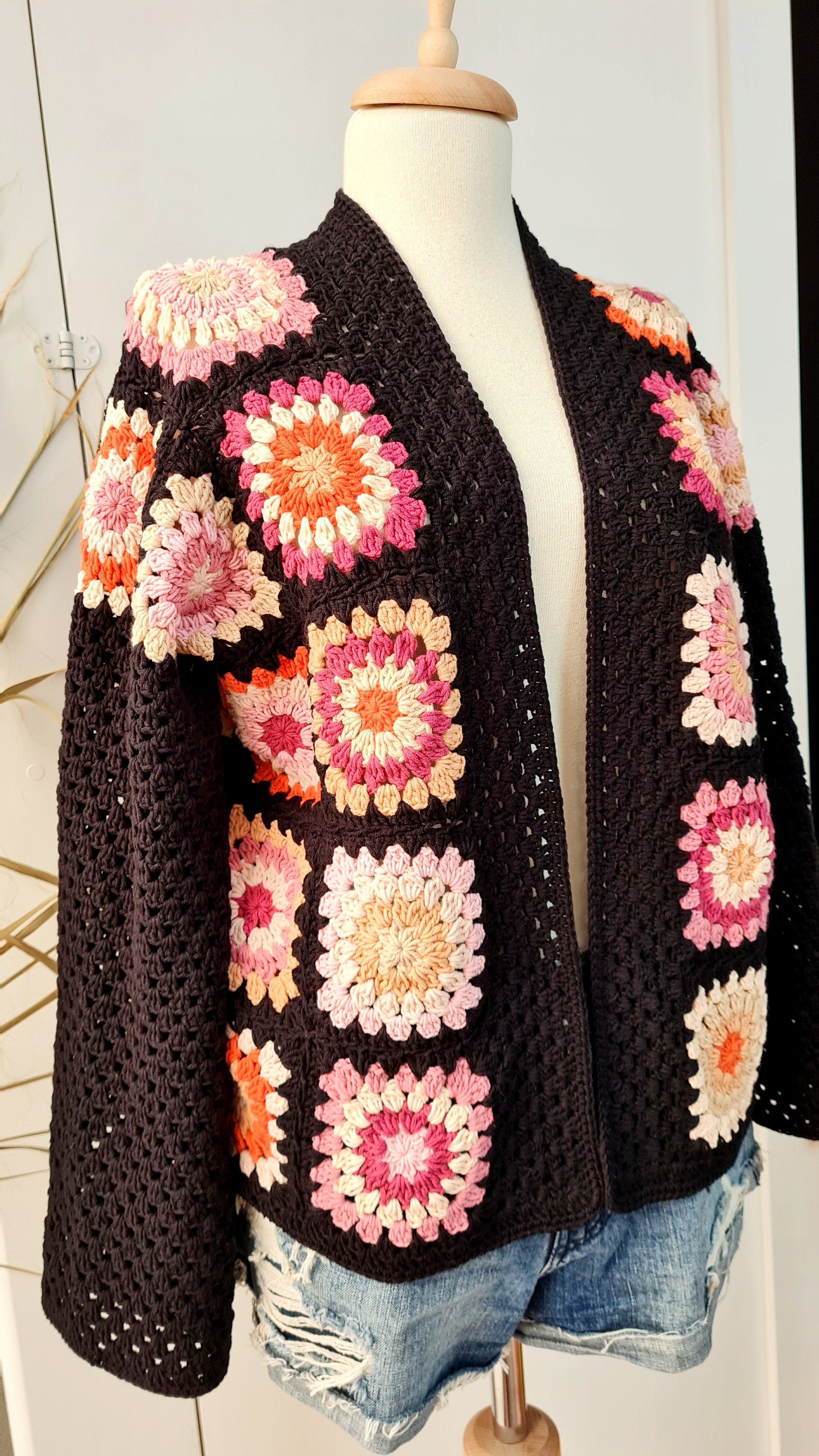 Black Crochet Granny Square Cardigan: Handmade Open Front Sweater