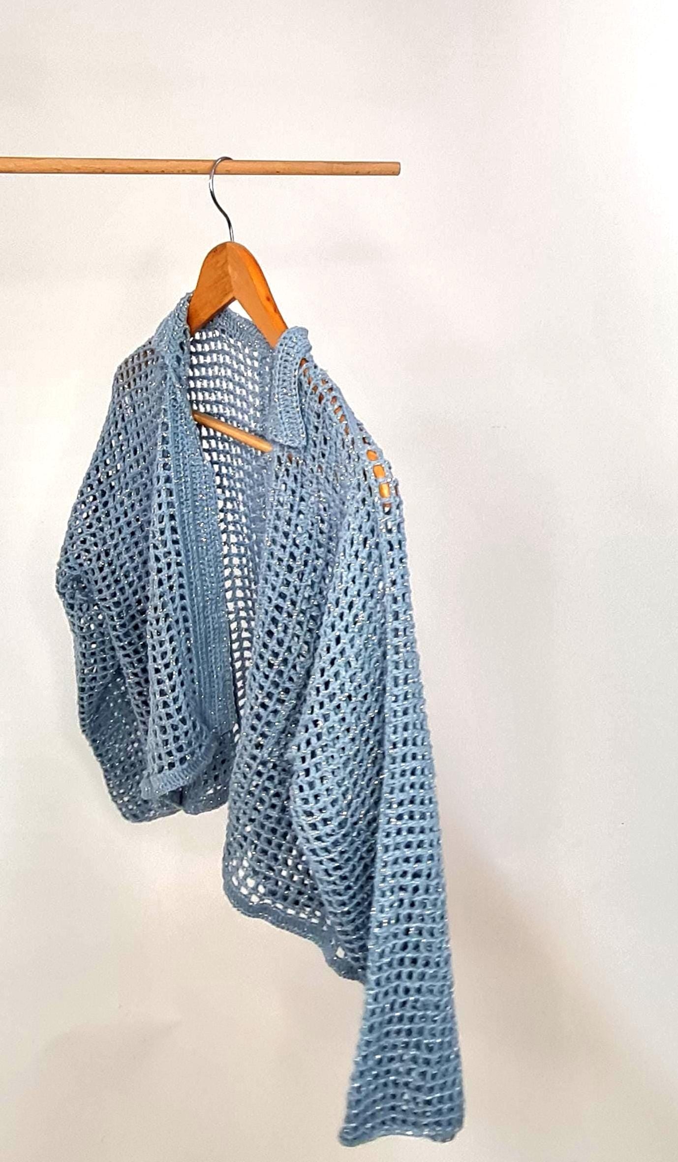 Crochet Mesh Shirt with pocket, modern written, Planner Gift, Long Sleeve Jacket, Mesh Jacket, Unisex Crochet Shirt, Glitter Net Crochet Top