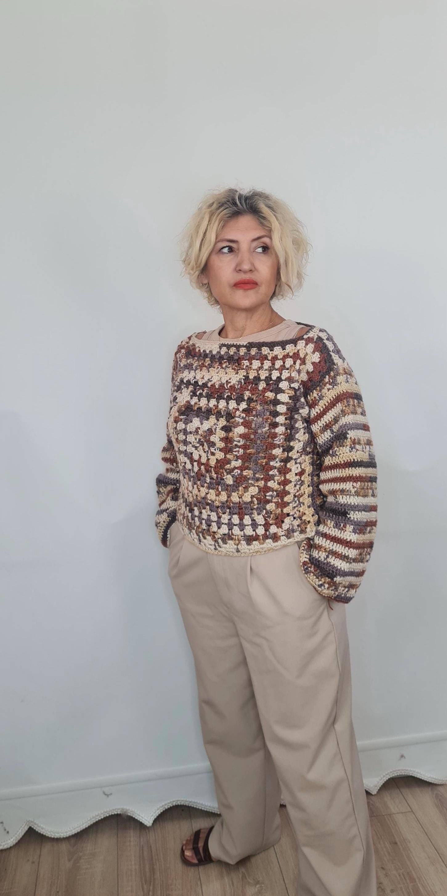 Handmade Alpaca Wool Crochet Pullover: Lightweight Warm Sweater