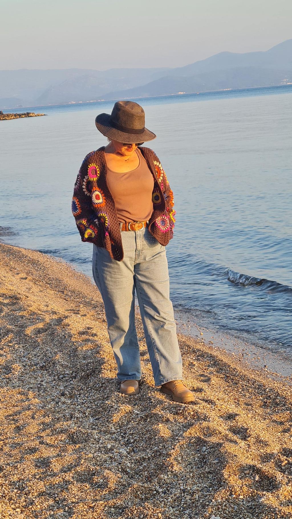 Handmade Granny Square Crochet Cardigan: Brown Merino Wool, Boho Chic