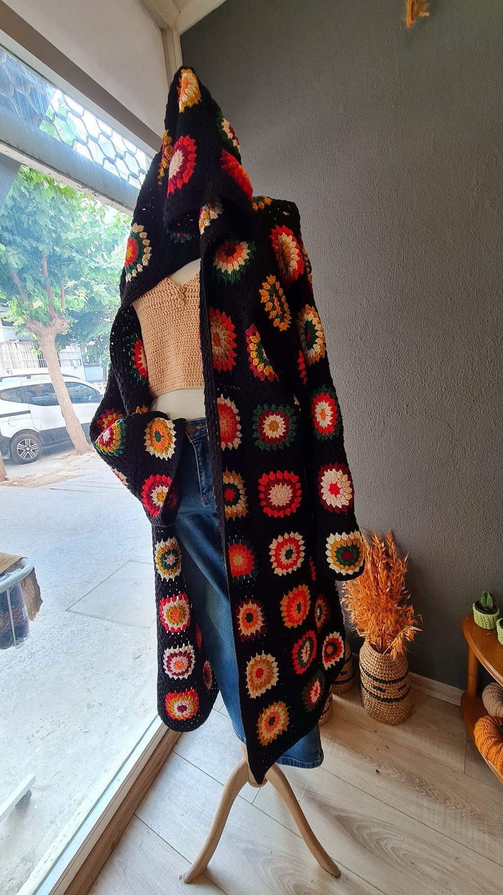 Handmade Granny Square Crochet Cardigan: Alpaca Blend Boho Coat