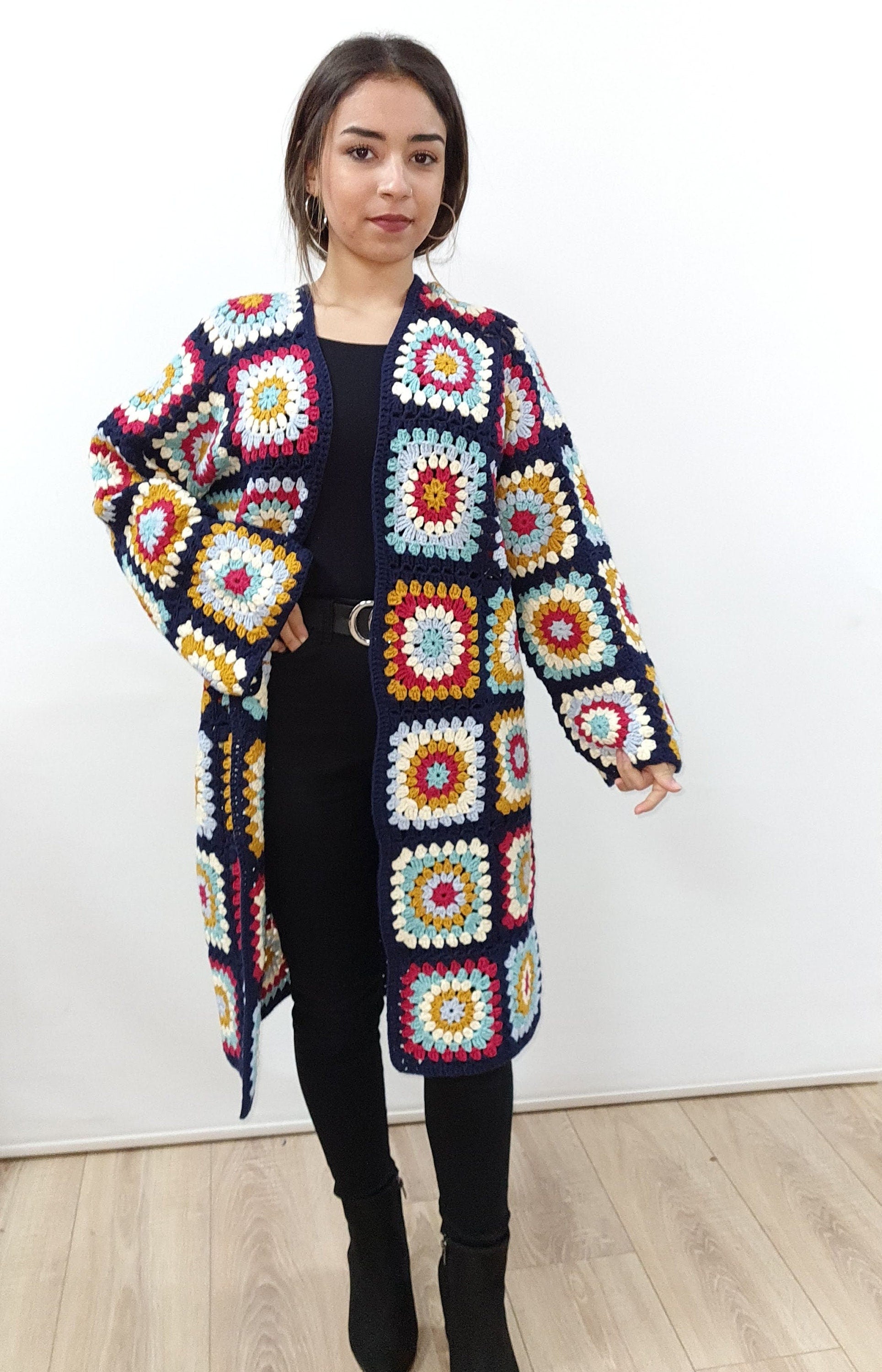 Tax Free Crochet Cardigan, Patchwork Spring Sweater, Long  Crochet Coat