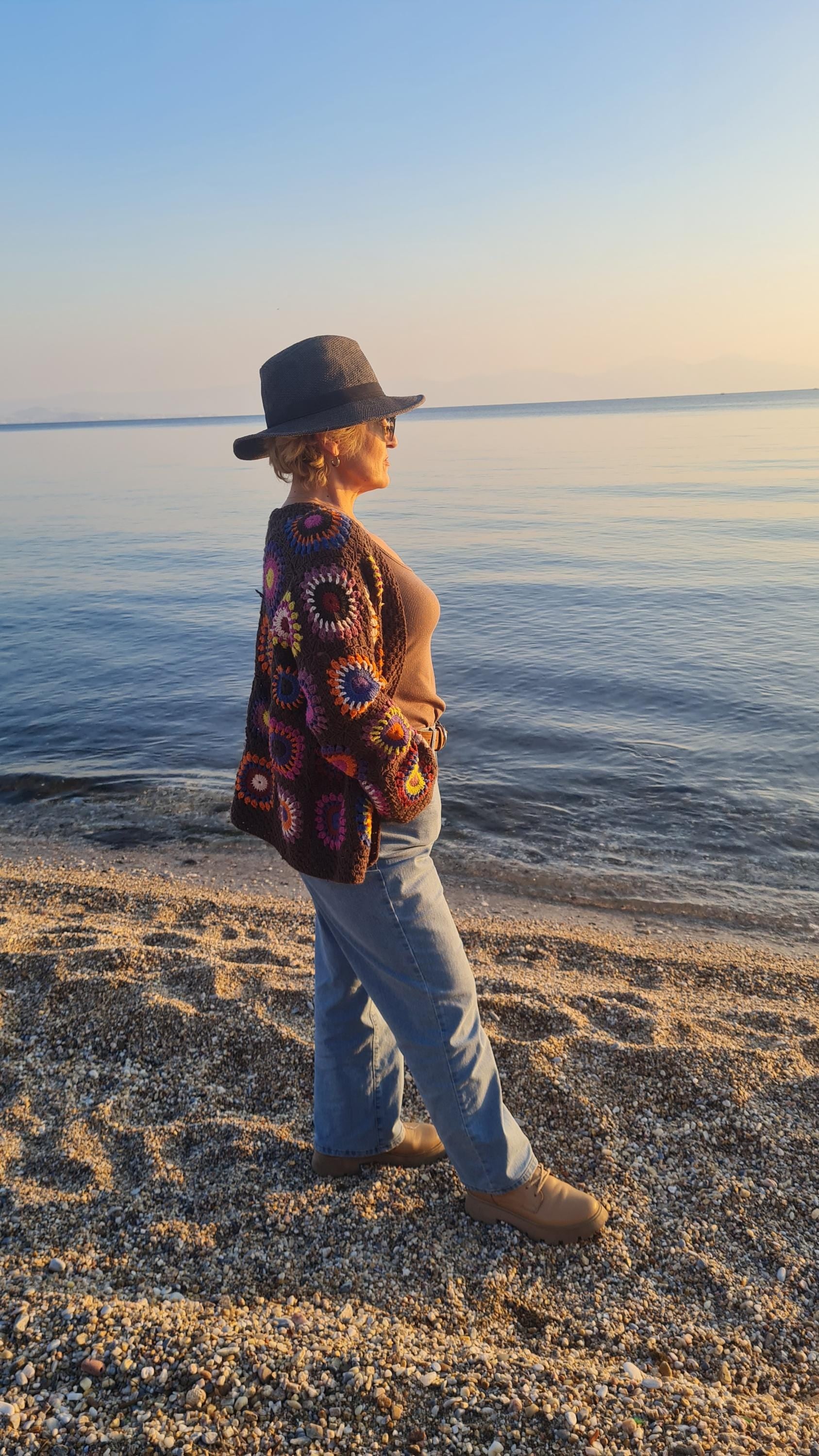 Handmade Granny Square Crochet Cardigan: Brown Merino Wool, Boho Chic