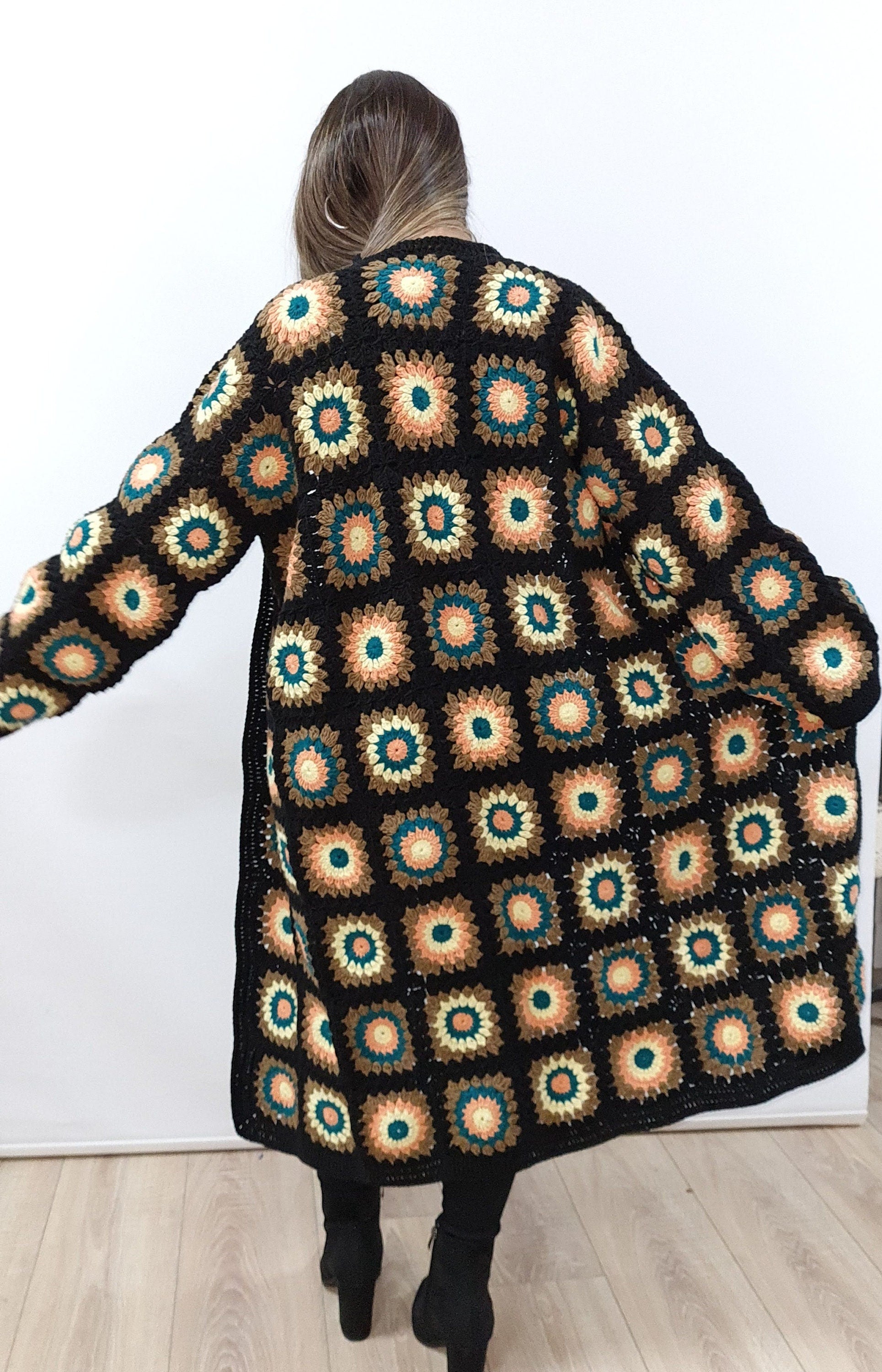 Crochet Granny Square Cardigan: Boho Cotton Afghan Coat