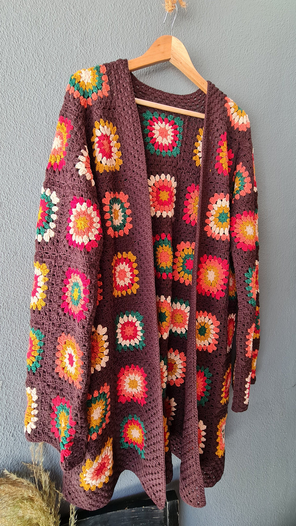 Handmade Granny Square Crochet Cardigan: Brown Patchwork Afghan Coat