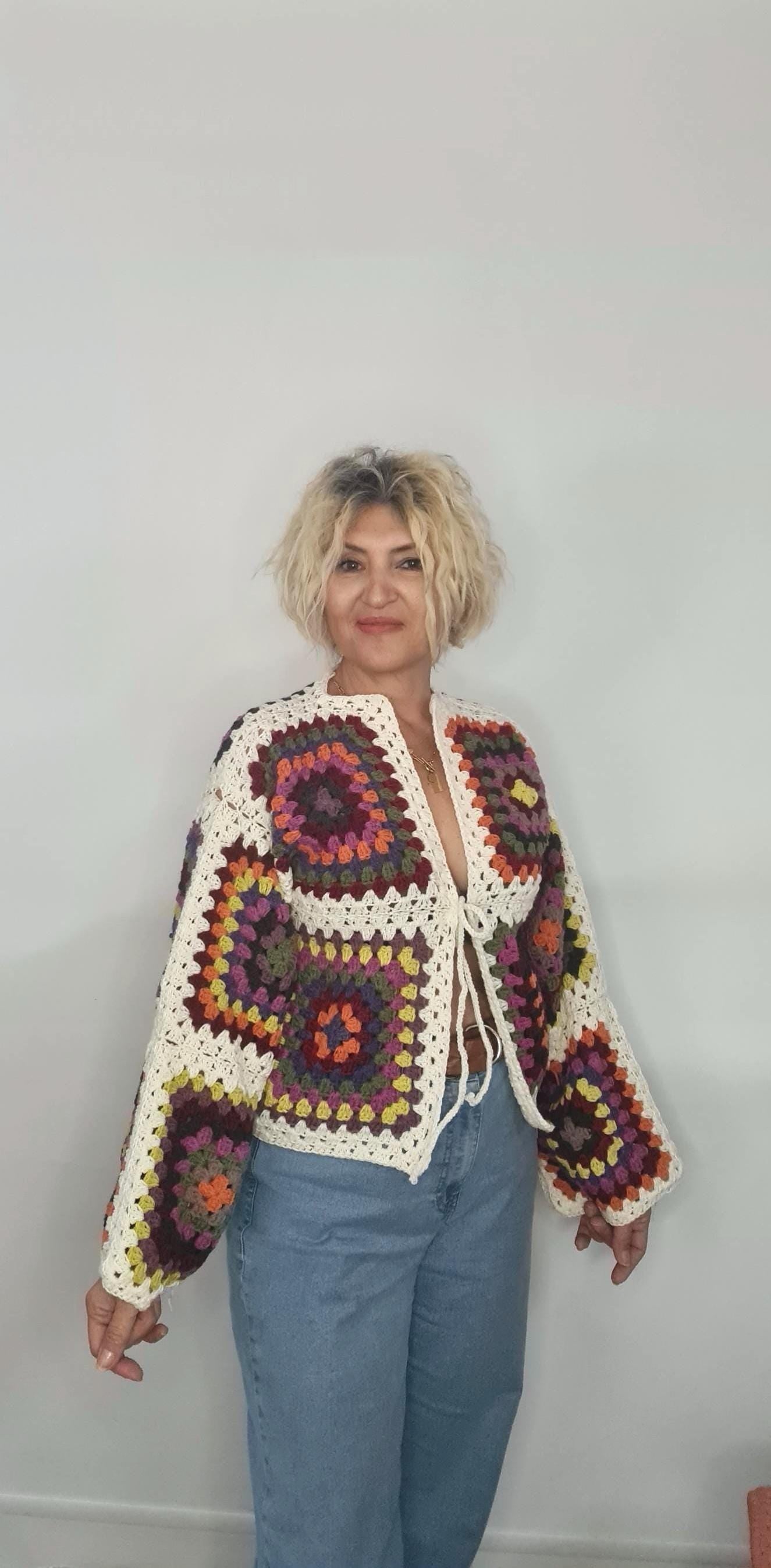 Crochet Granny Square Cardigan: Multicolor Boho Festival Jacket