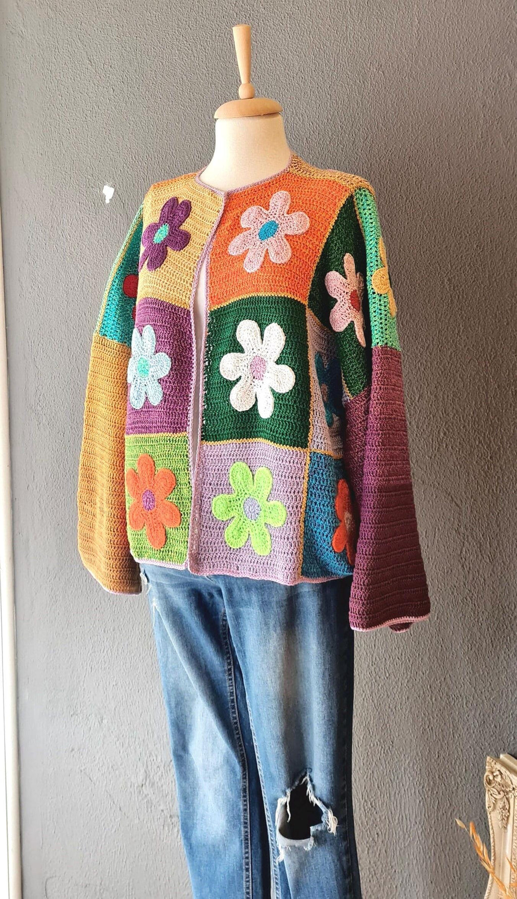 Daisy Crochet Cardigan: Organic Cotton Flower Patchwork Kimono
