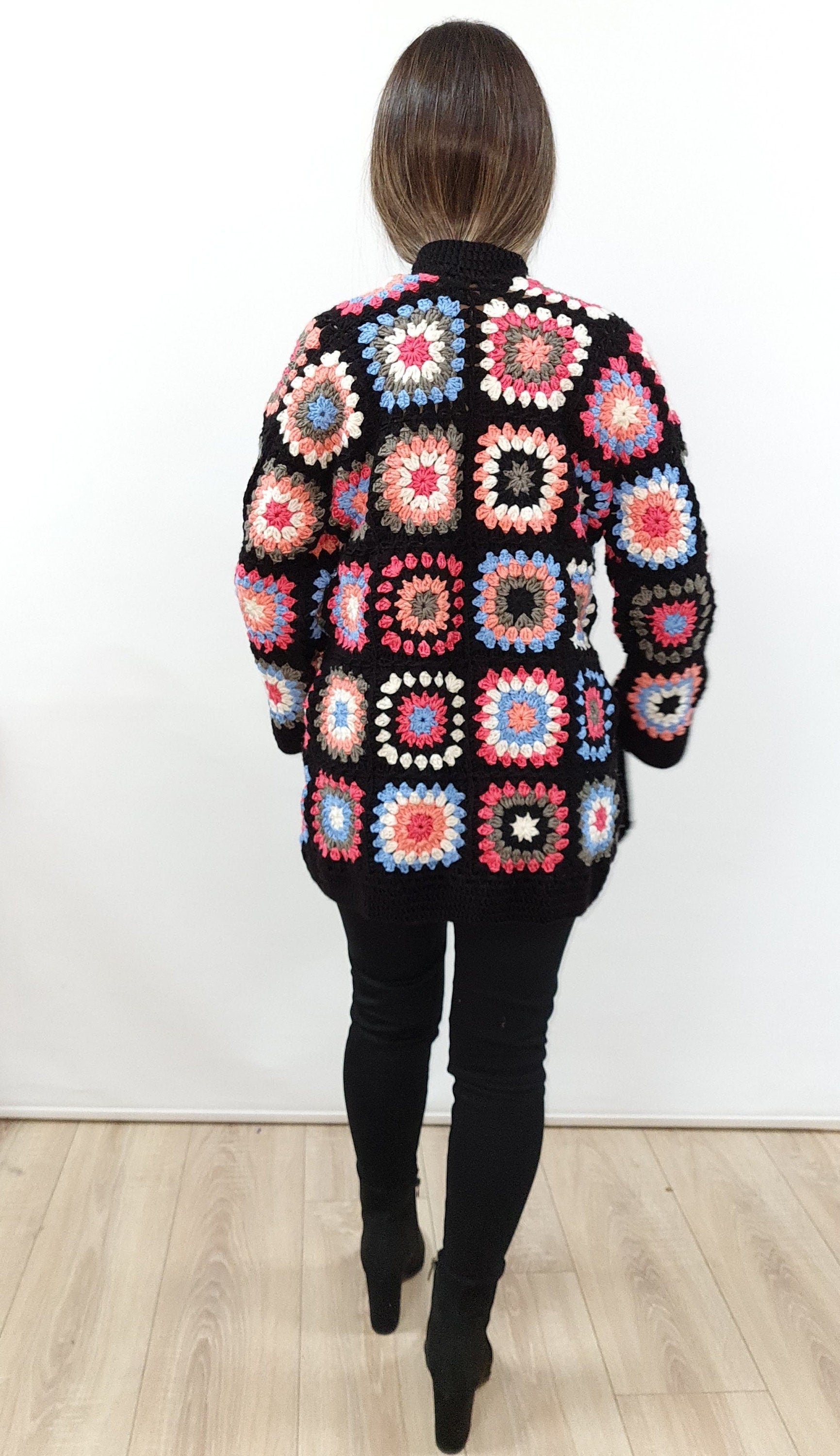 Handmade Granny Square Crochet Cardigan: Colorful Patchwork Open Front