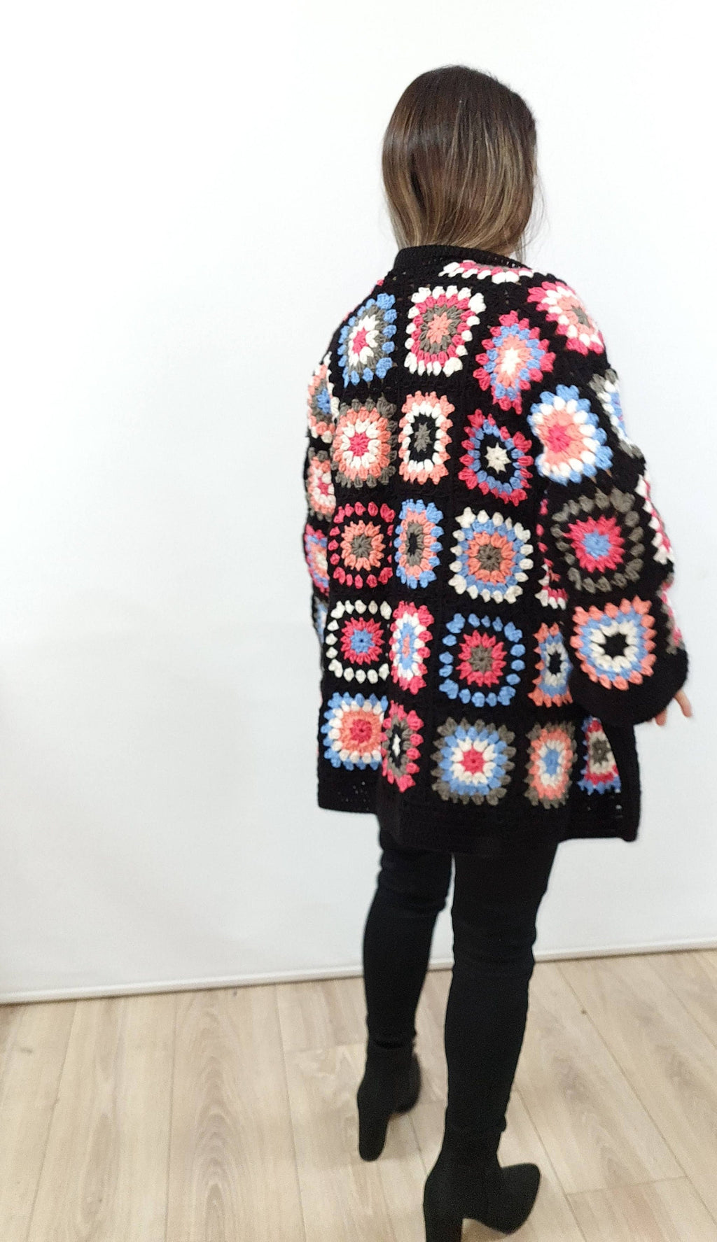 Handmade Granny Square Crochet Cardigan: Colorful Patchwork Open Front