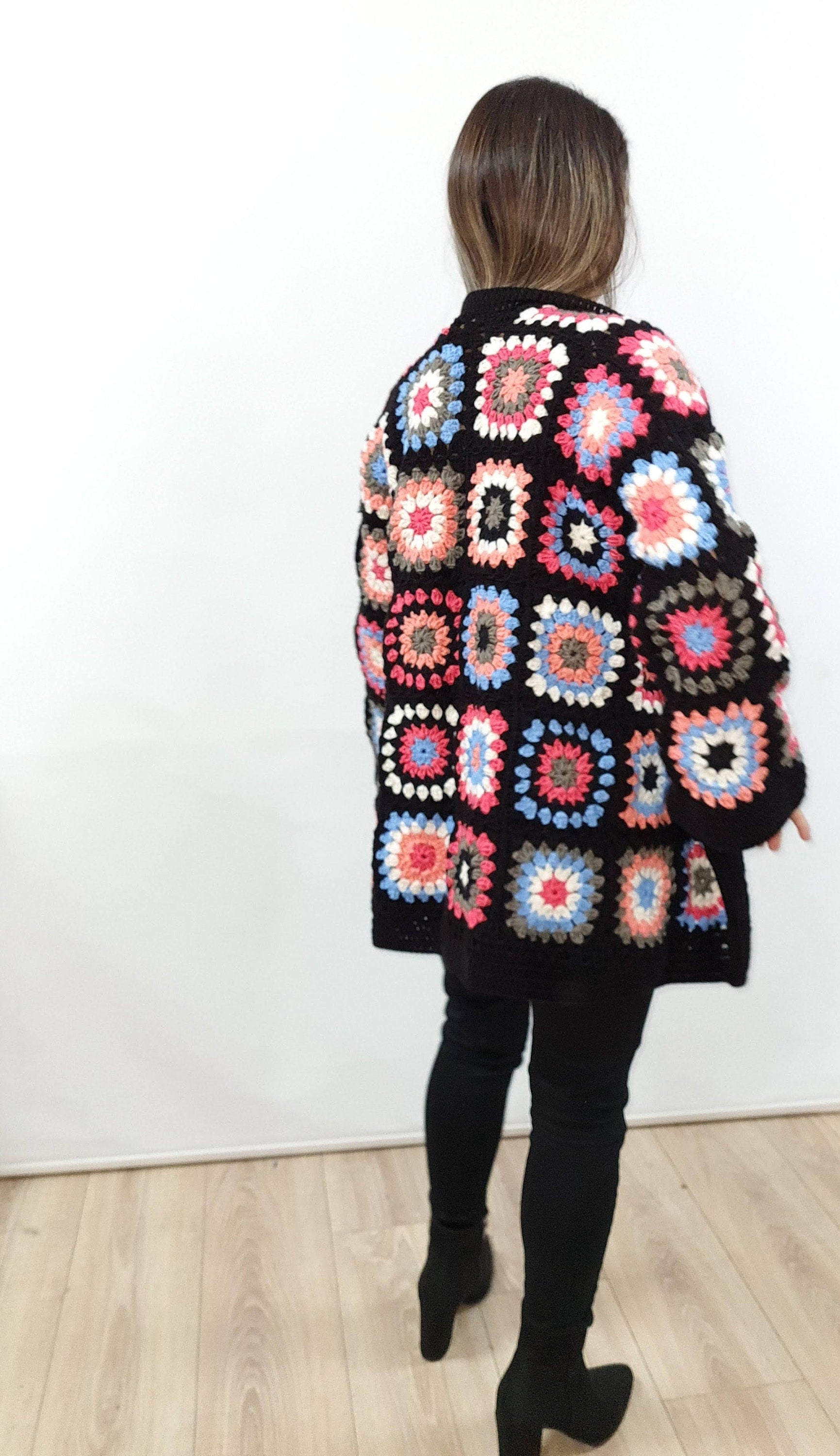 Handmade Granny Square Crochet Cardigan: Colorful Patchwork Open Front
