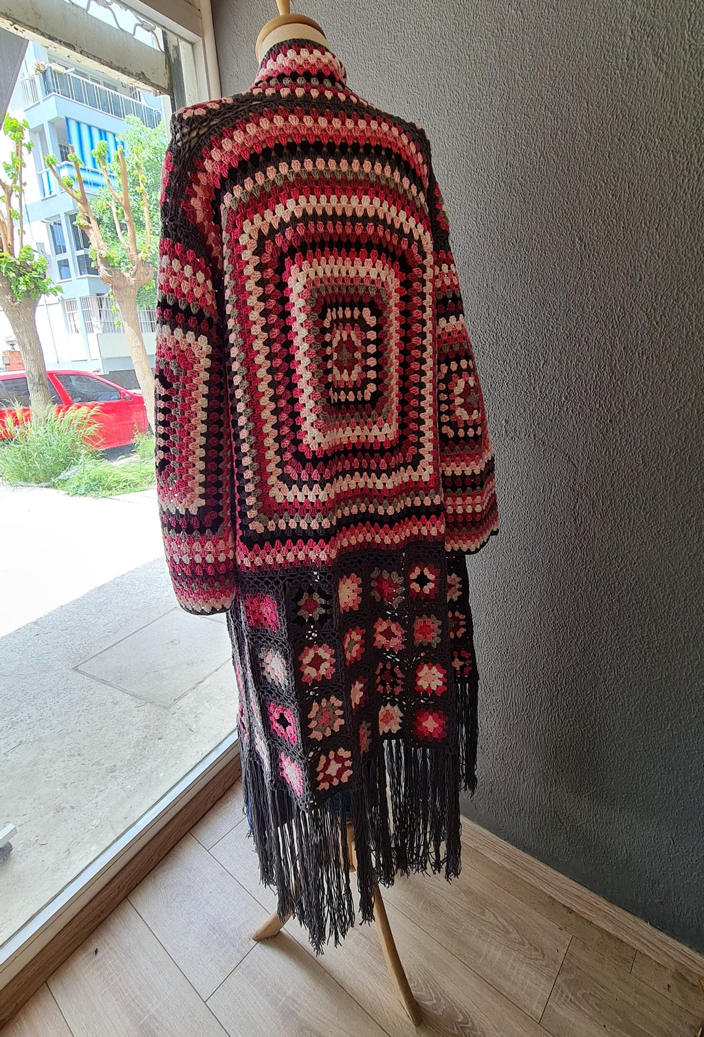 Granny Square Crochet Cardigan: Fringed Open Front Coat, Pink Purple Grey