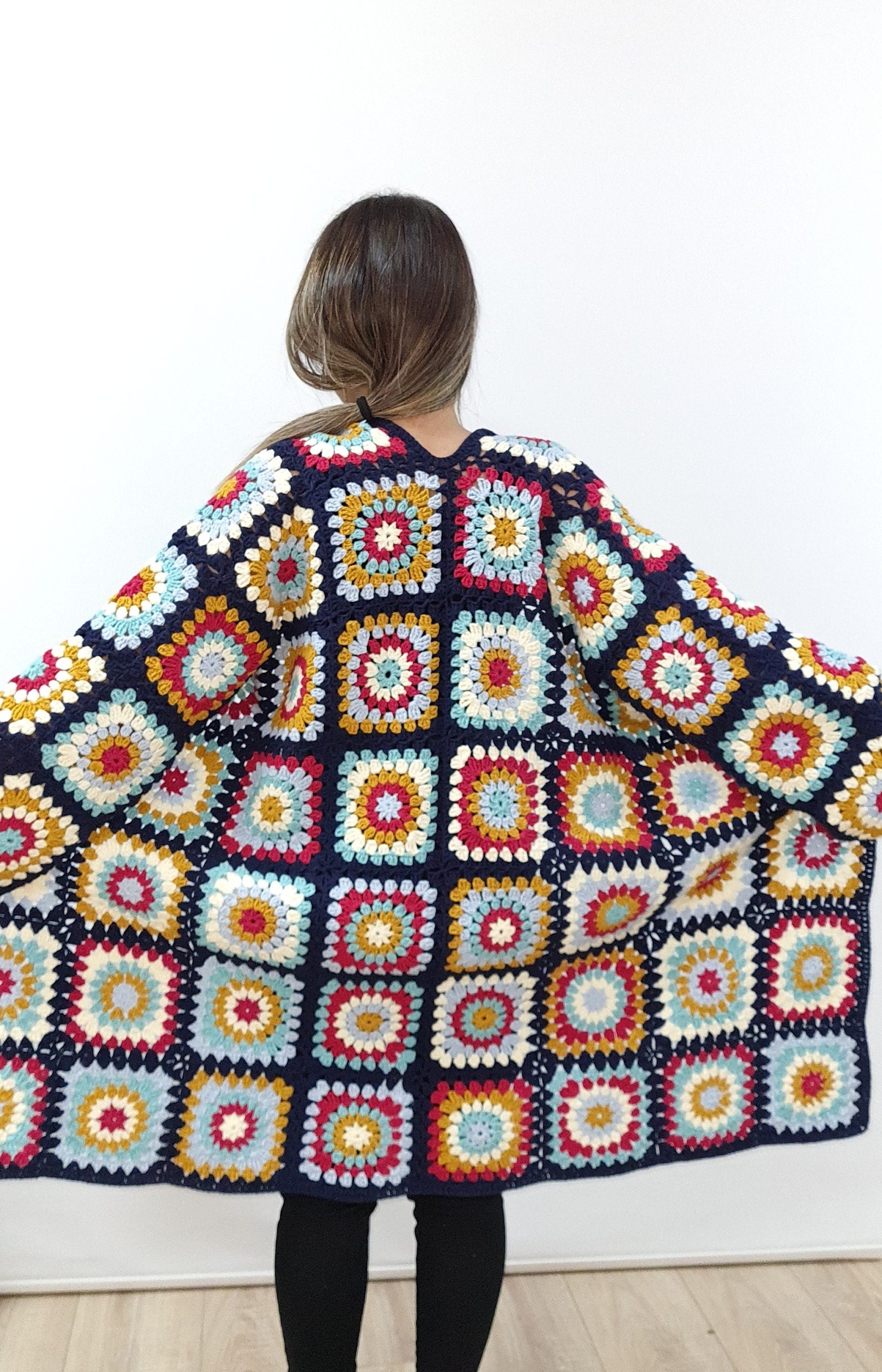 Tax Free Crochet Cardigan, Patchwork Spring Sweater, Long  Crochet Coat