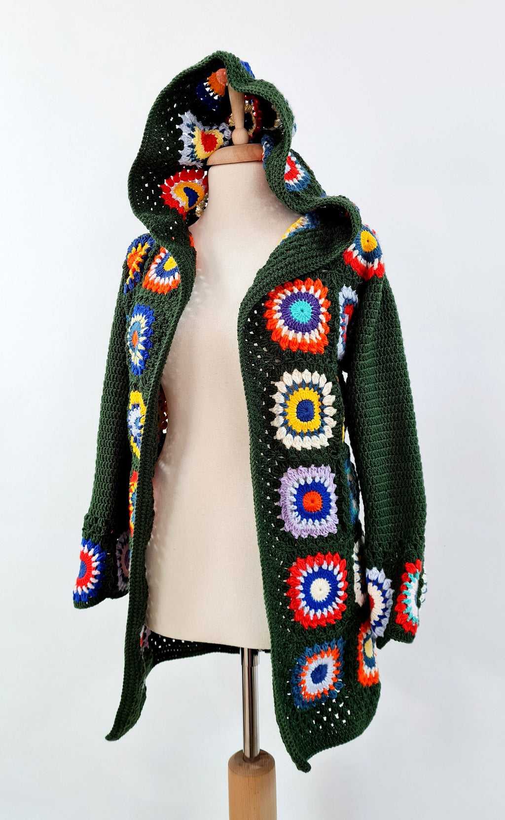 Handmade Crochet Hooded Cardigan: Green Granny Square Sweater