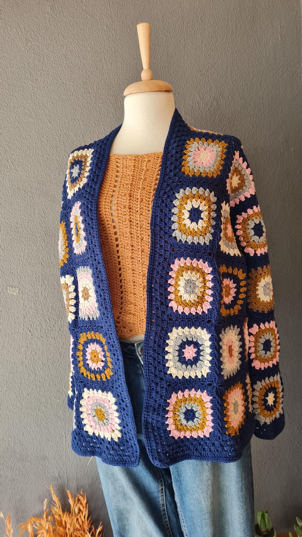 Granny Square Crochet Cardigan: Handmade Afghan Sweater, Retro Style