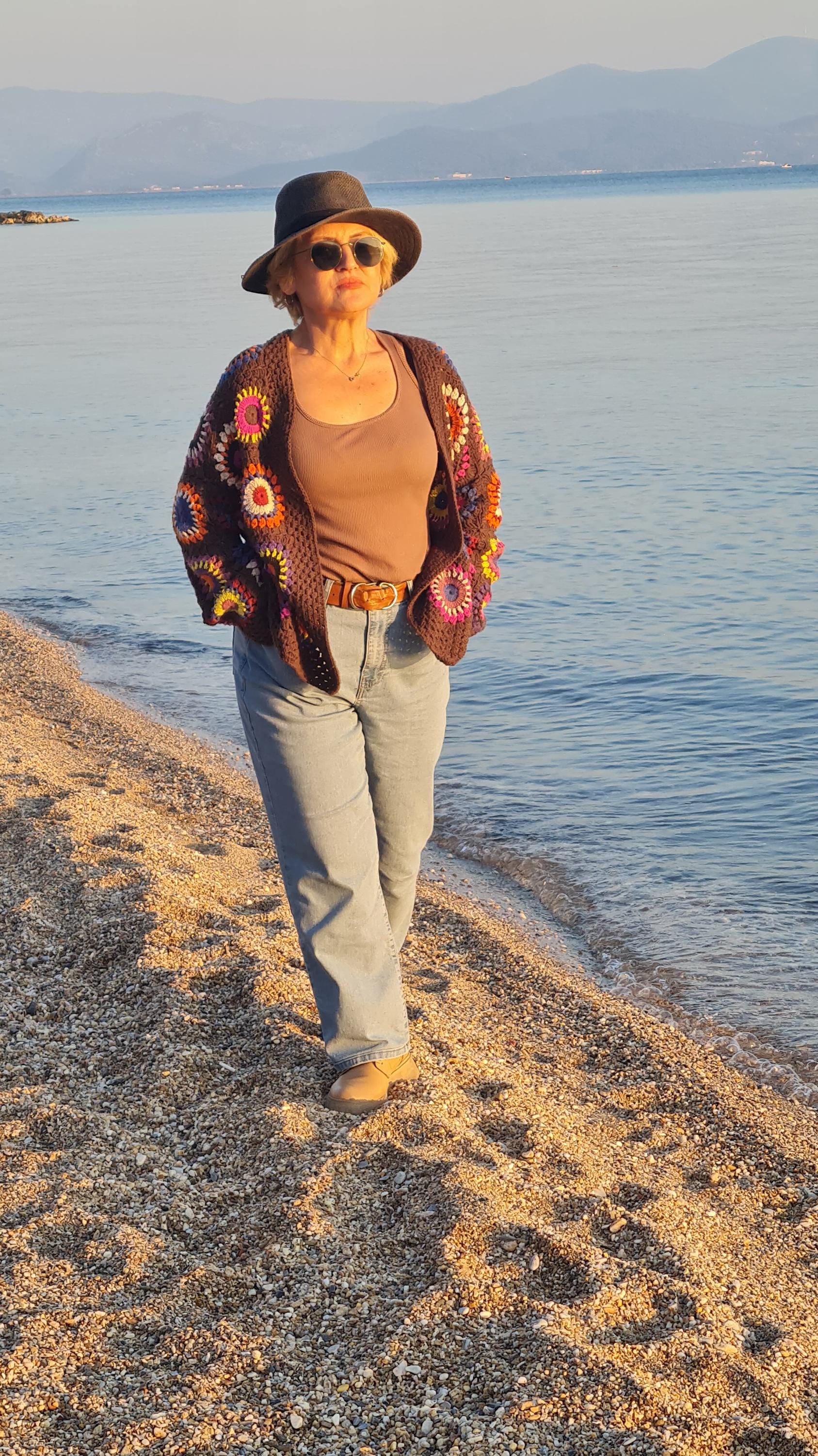 Handmade Granny Square Crochet Cardigan: Brown Merino Wool, Boho Chic