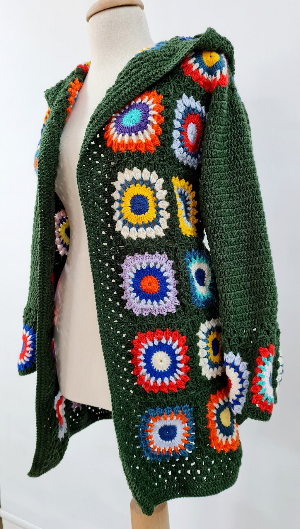 Handmade Crochet Hooded Cardigan: Green Granny Square Sweater