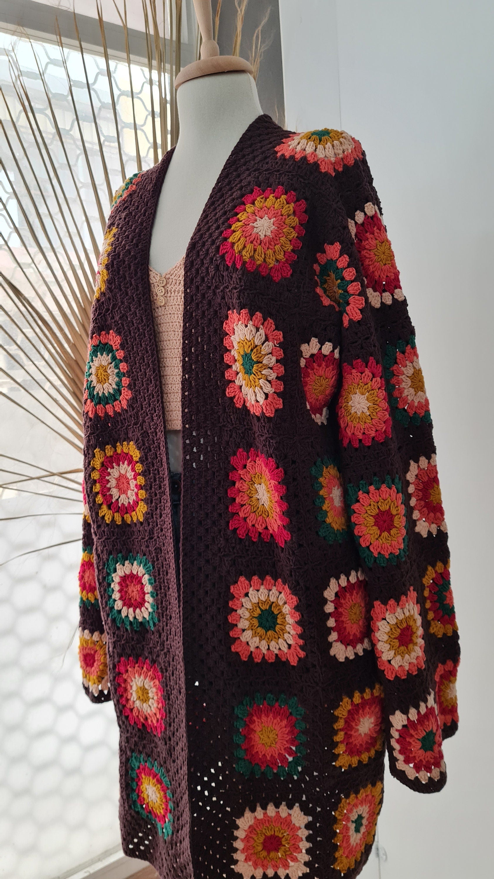 Handmade Granny Square Crochet Cardigan: Brown Patchwork Afghan Coat