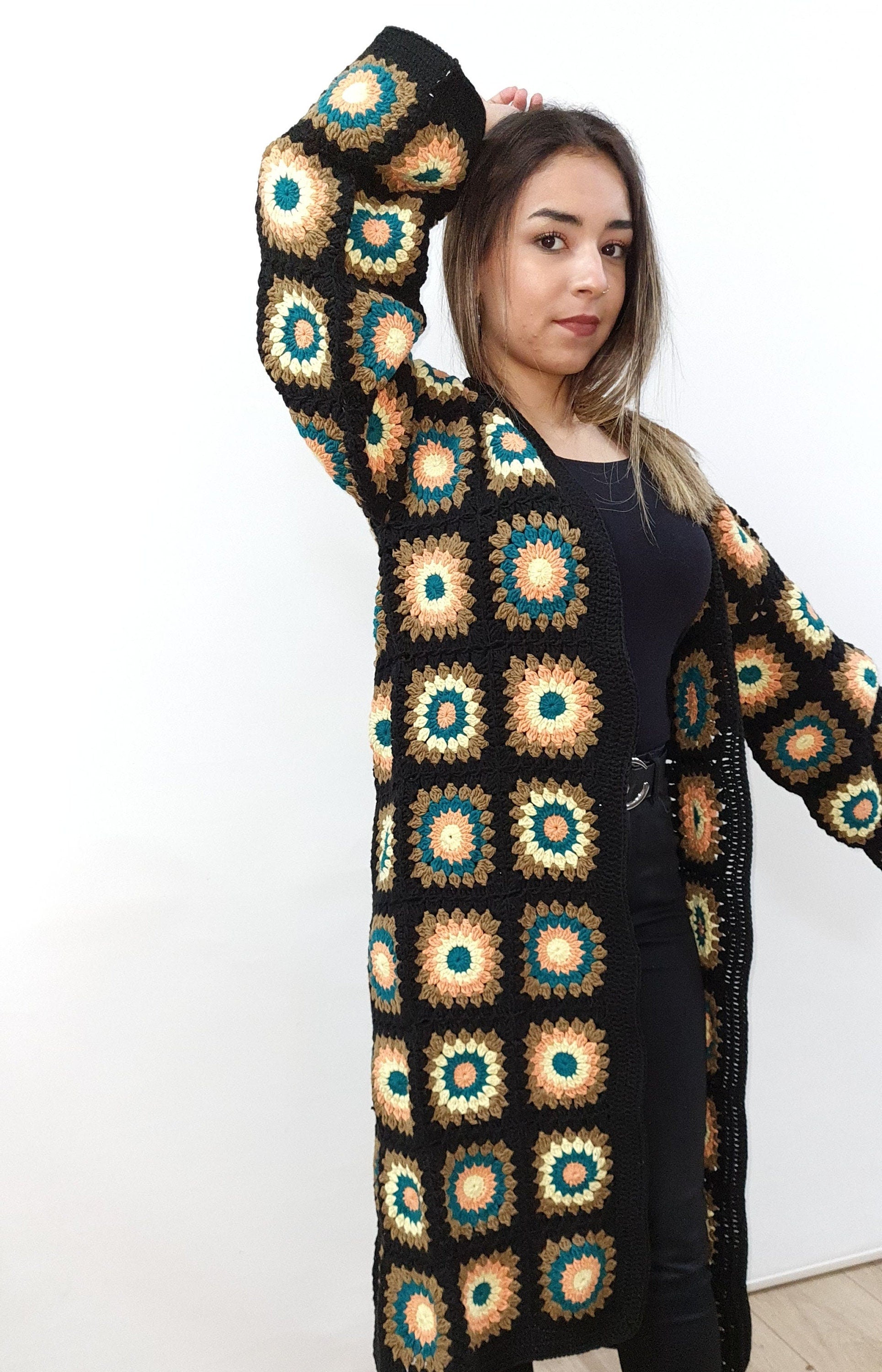 Crochet Granny Square Cardigan: Boho Cotton Afghan Coat