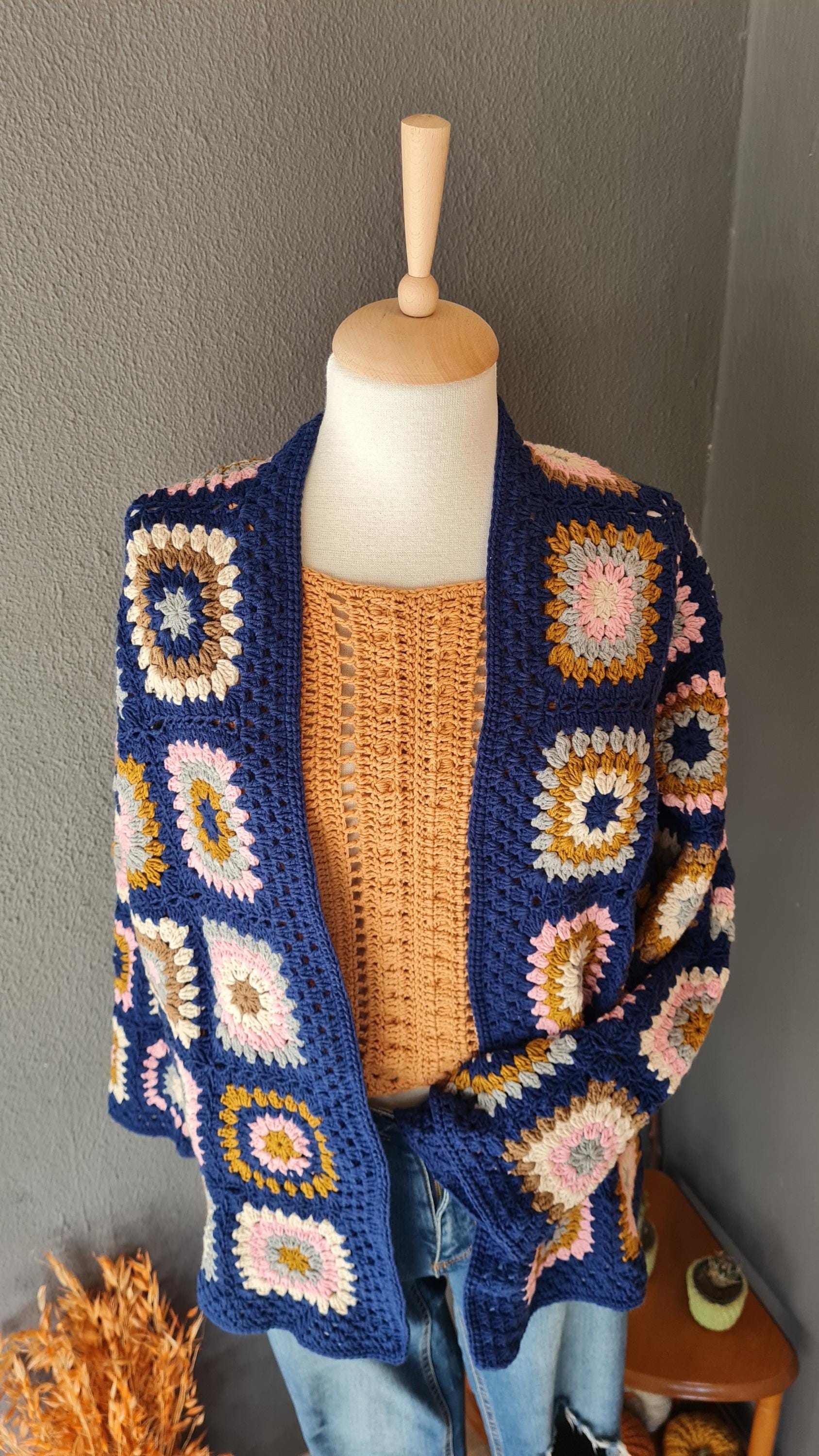 Granny Square Crochet Cardigan: Handmade Afghan Sweater, Retro Style