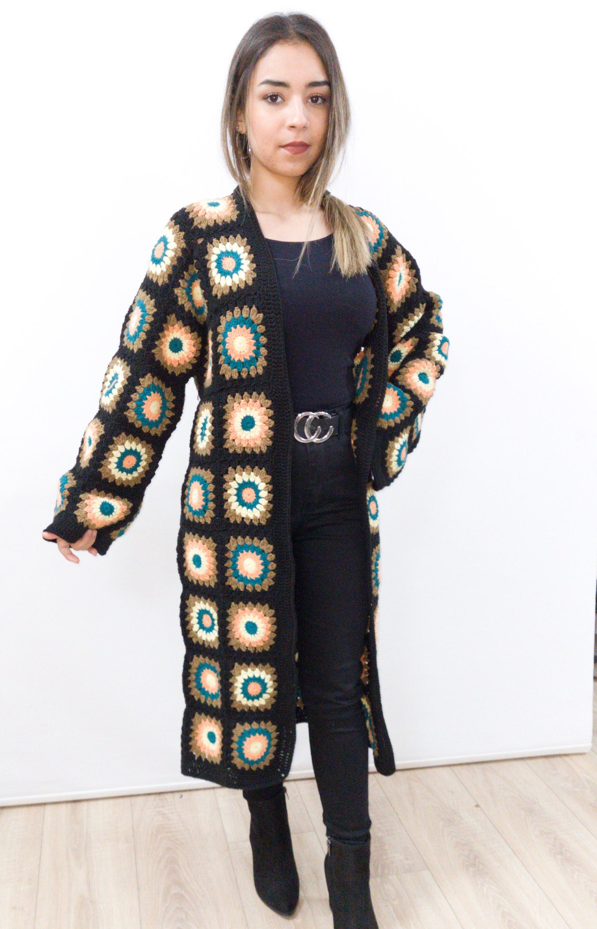 Crochet Granny Square Cardigan: Boho Cotton Afghan Coat