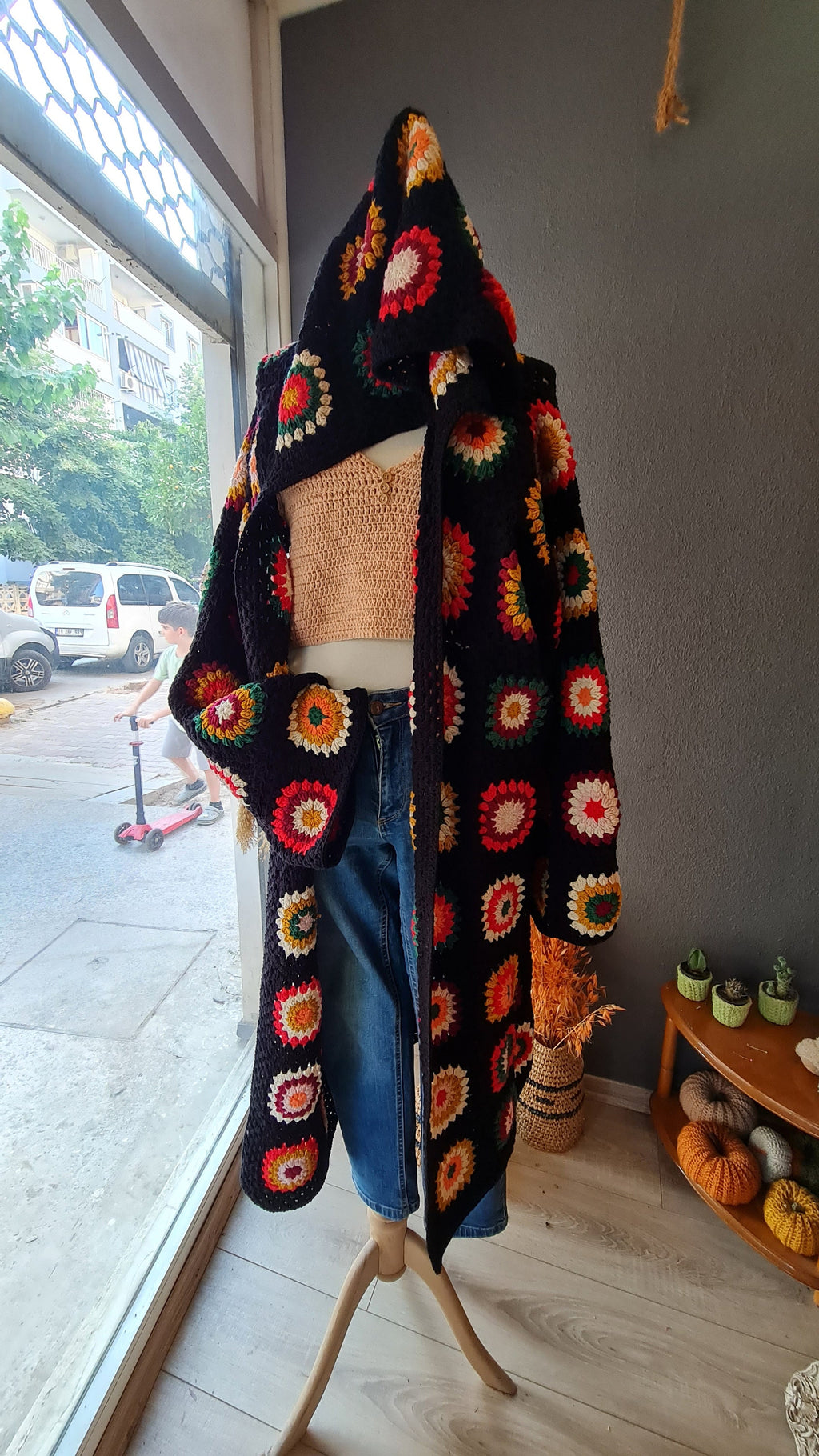 Handmade Granny Square Crochet Cardigan: Alpaca Blend Boho Coat