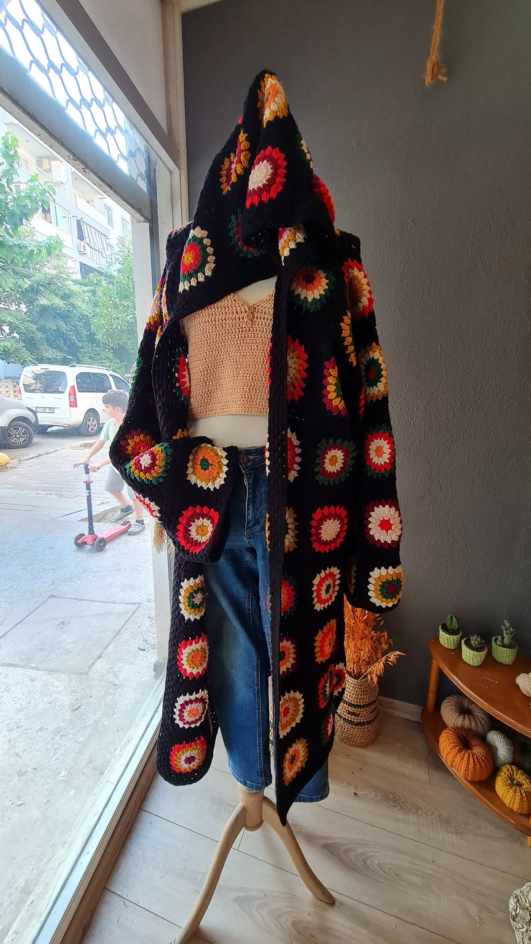 Handmade Granny Square Crochet Cardigan: Alpaca Blend Boho Coat