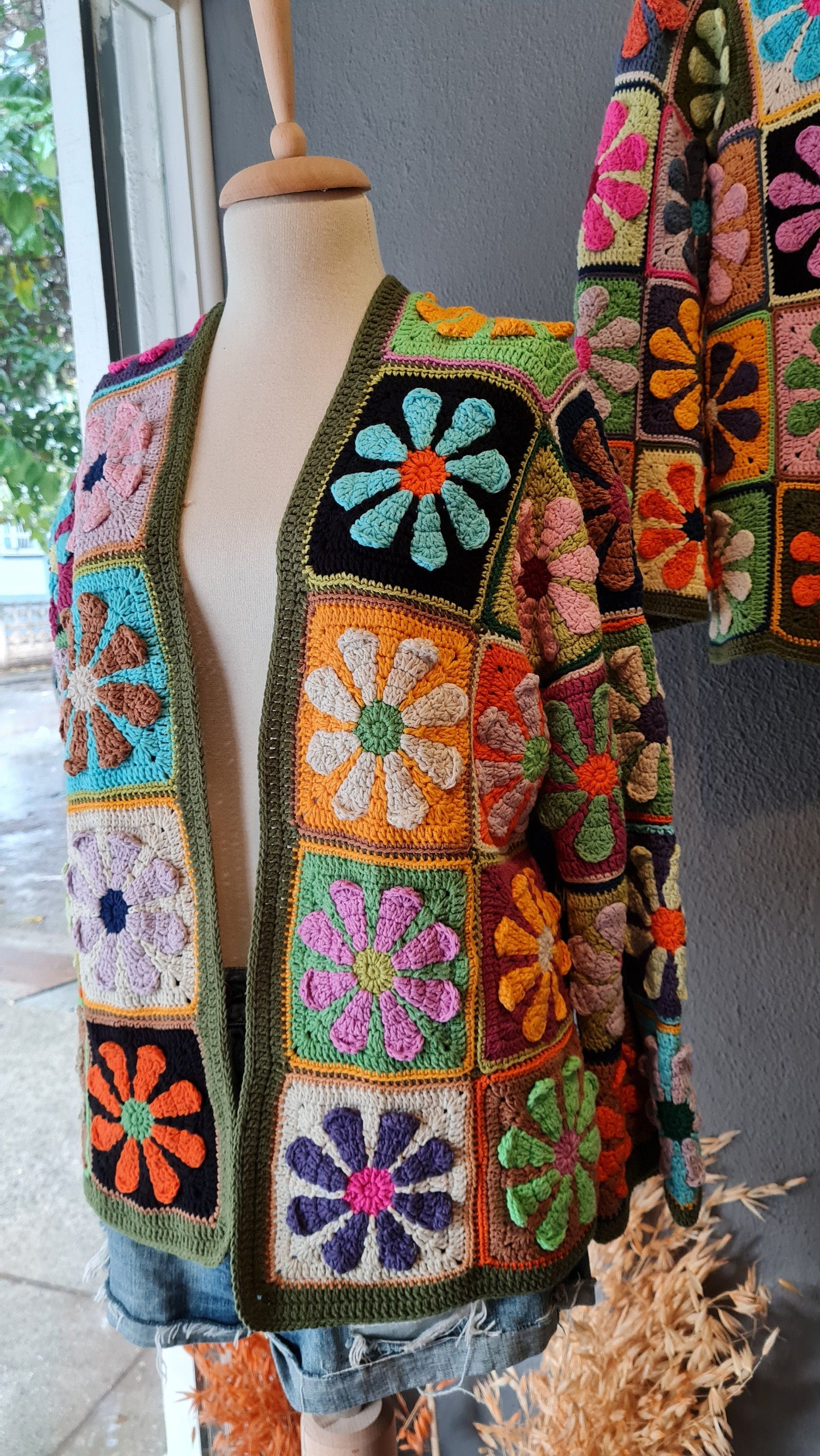 Floral Crochet Sweater, Afghan Cardigan, Tax Free Colorful Flower Jacket, 3D Flower Design
