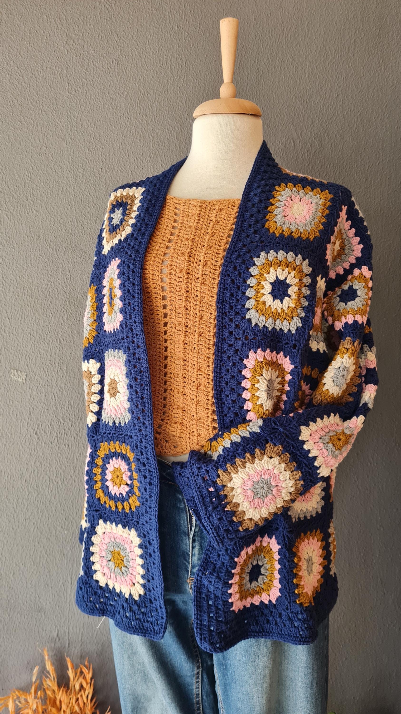 Granny Square Crochet Cardigan: Handmade Afghan Sweater, Retro Style
