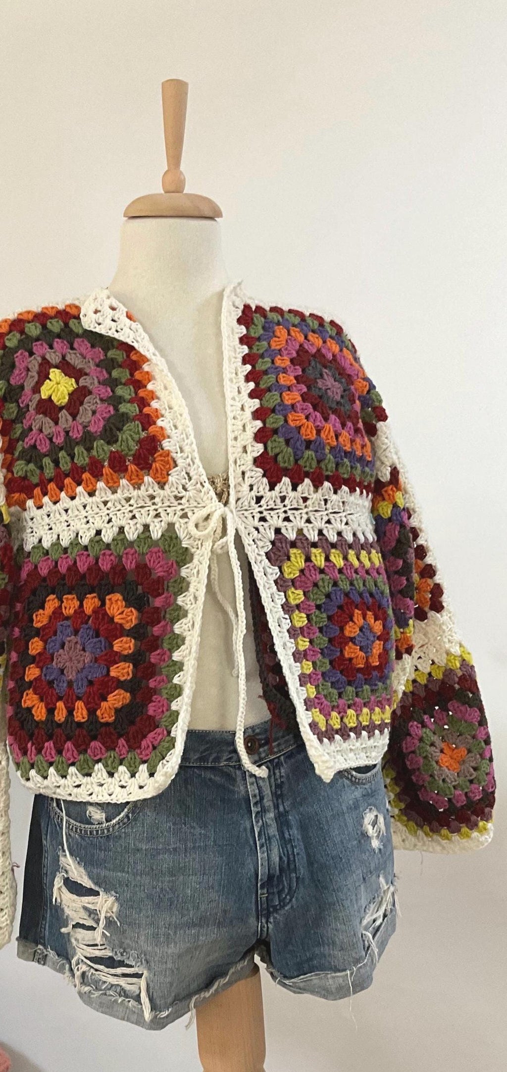 Crochet Granny Square Cardigan: Multicolor Boho Festival Jacket