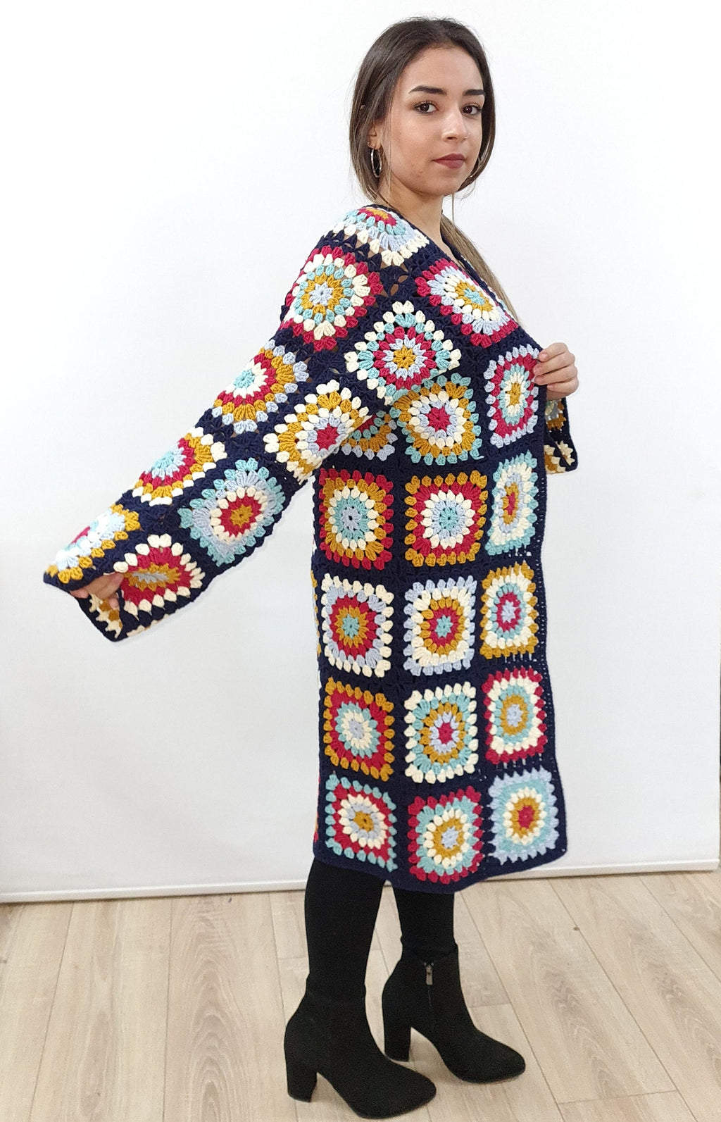 Tax Free Crochet Cardigan, Patchwork Spring Sweater, Long  Crochet Coat