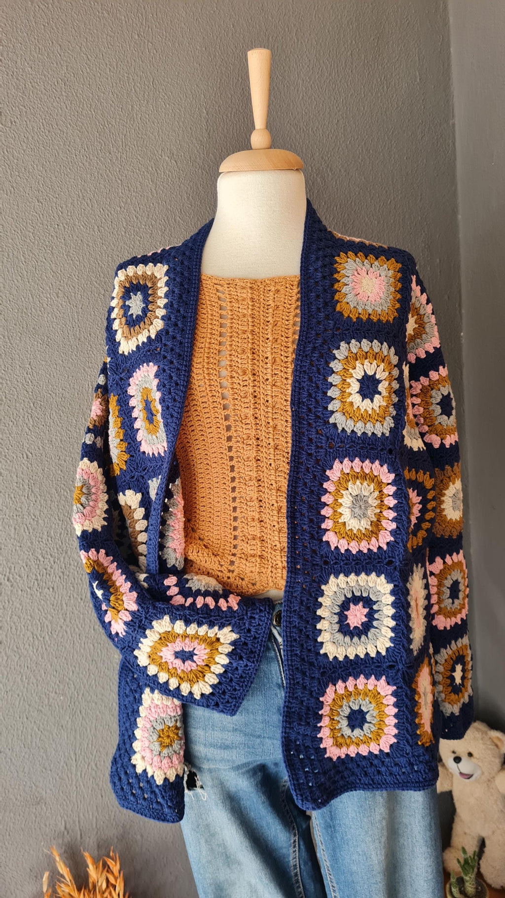 Granny Square Crochet Cardigan: Handmade Afghan Sweater, Retro Style