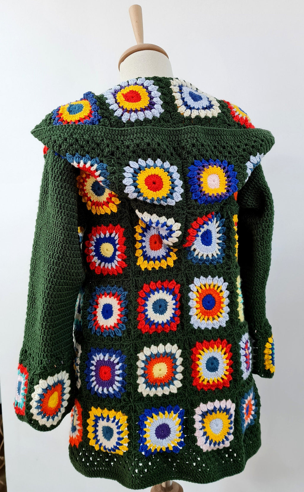 Handmade Crochet Hooded Cardigan: Green Granny Square Sweater