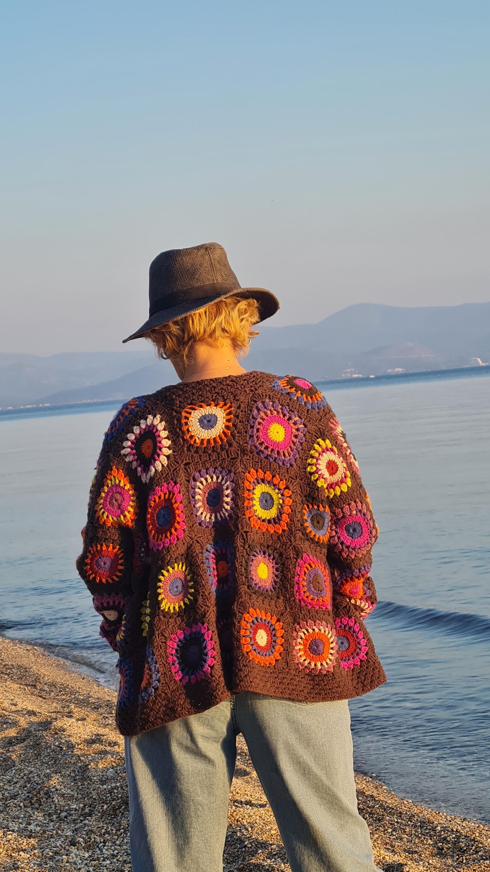 Handmade Granny Square Crochet Cardigan: Brown Merino Wool, Boho Chic