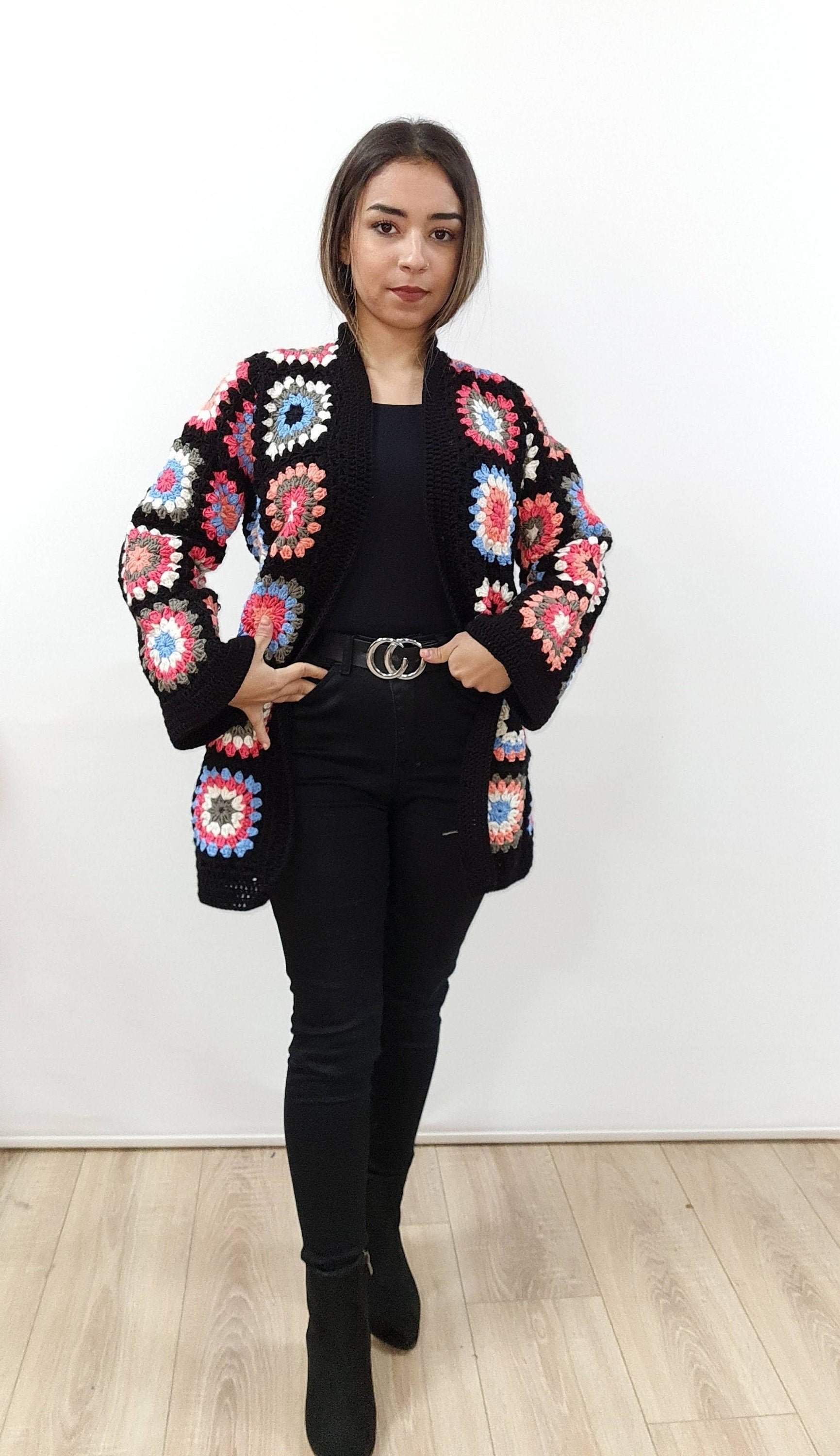 Handmade Granny Square Crochet Cardigan: Colorful Patchwork Open Front