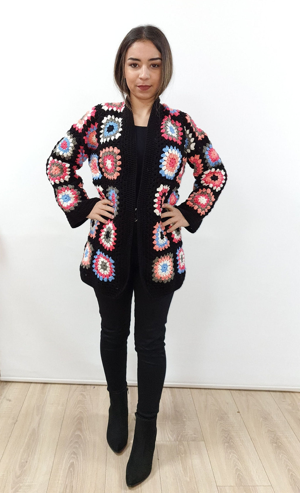 Handmade Granny Square Crochet Cardigan: Colorful Patchwork Open Front