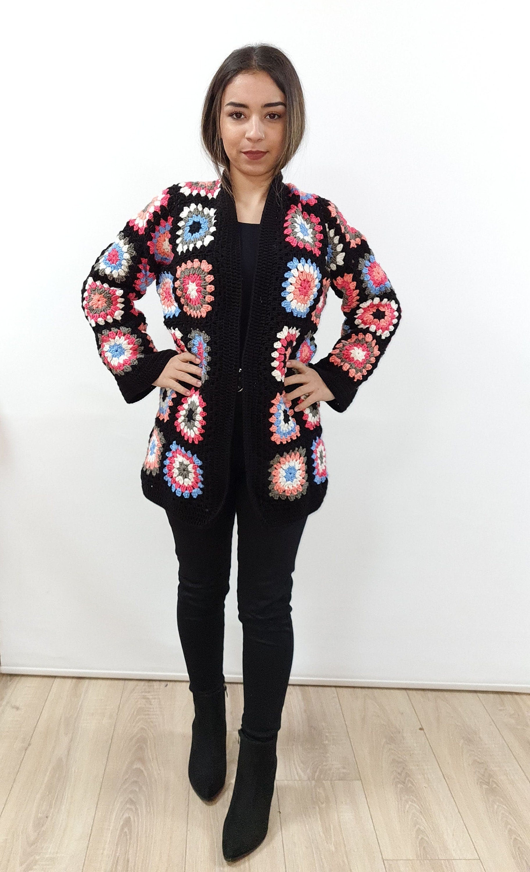 Handmade Granny Square Crochet Cardigan: Colorful Patchwork Open Front