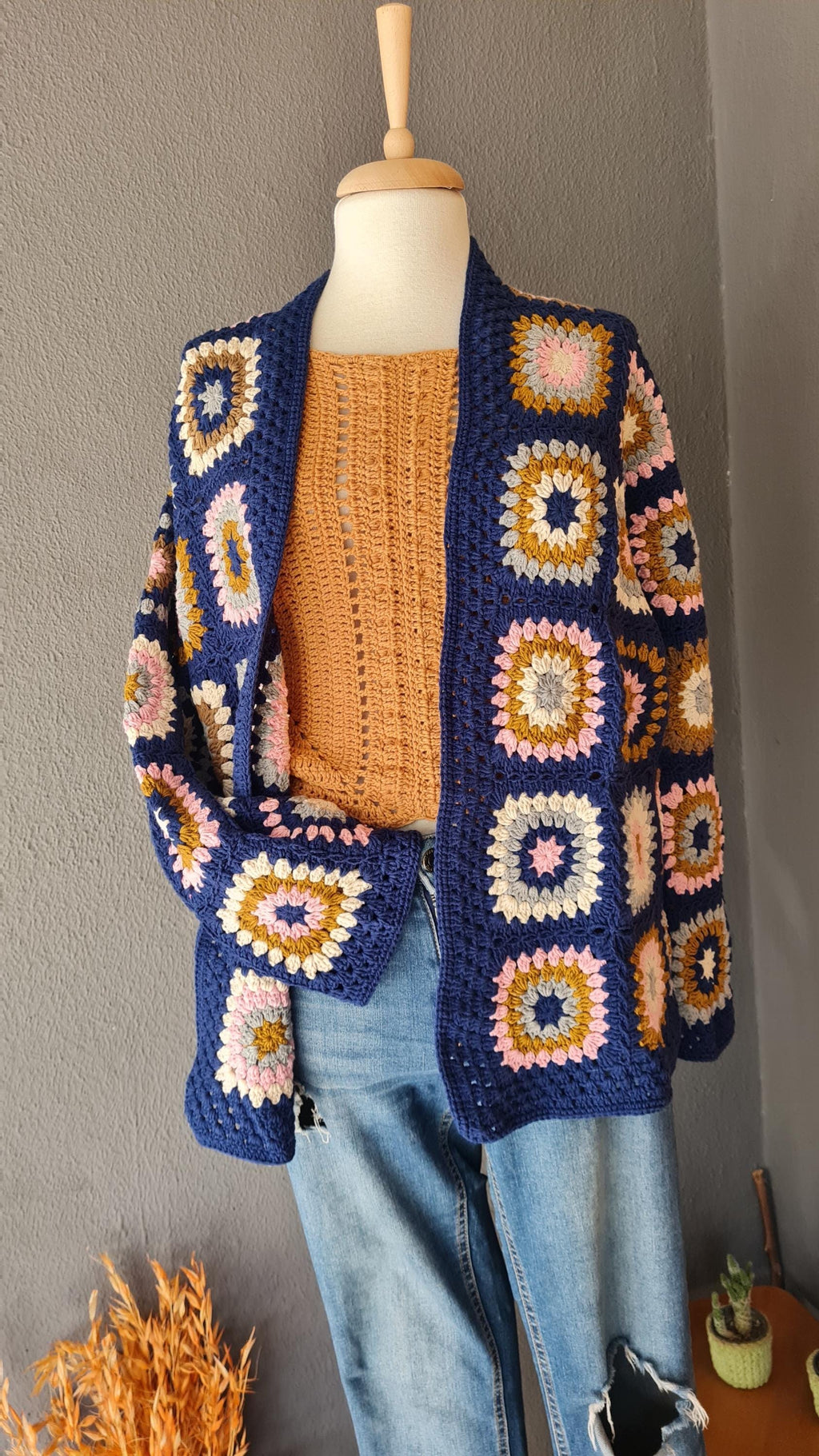 Granny Square Crochet Cardigan: Handmade Afghan Sweater, Retro Style