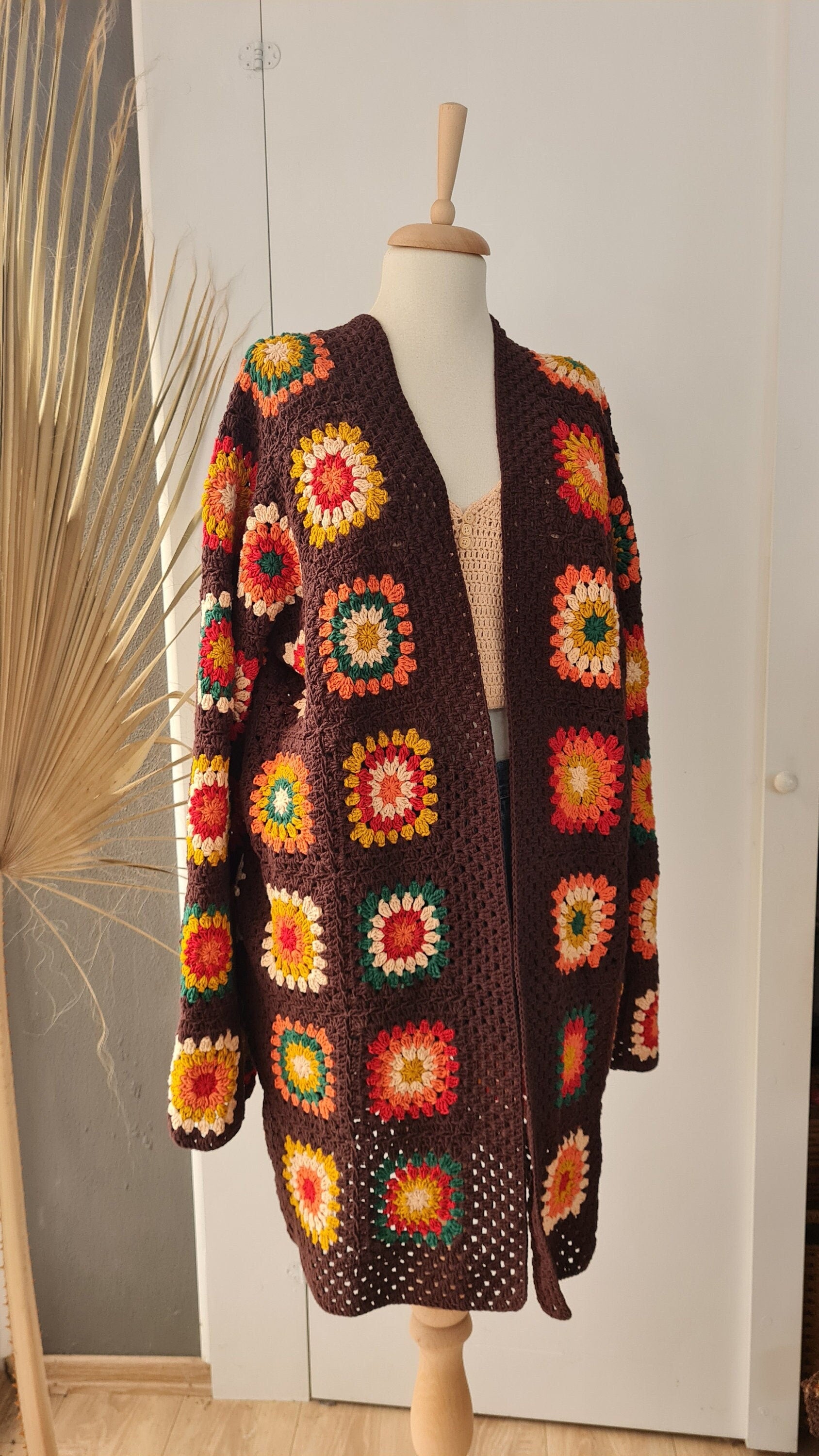 Handmade Granny Square Crochet Cardigan: Brown Patchwork Afghan Coat