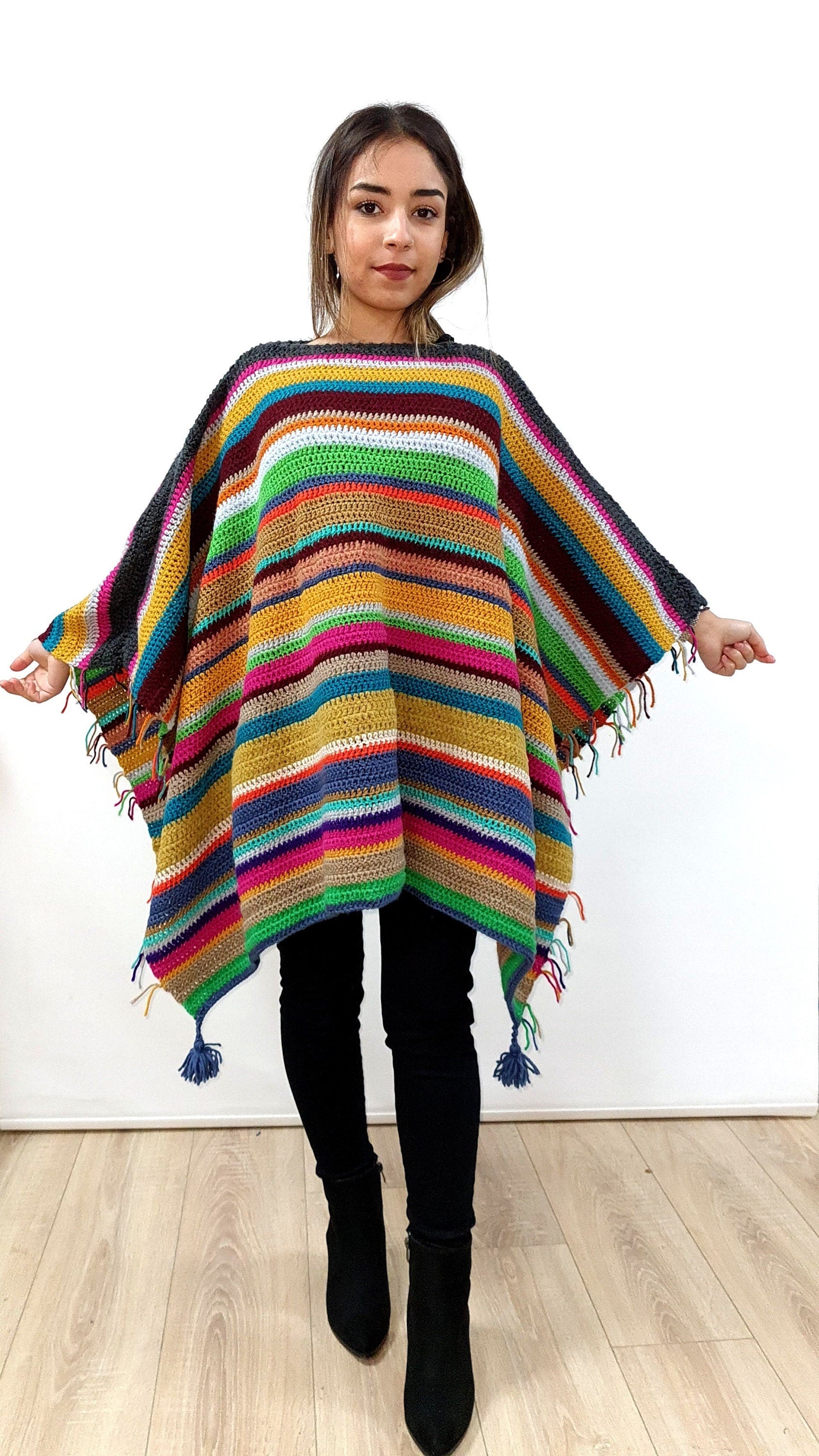 Wool Poncho, Striped and  Fringed Poncho, Oversize Wool Poncho