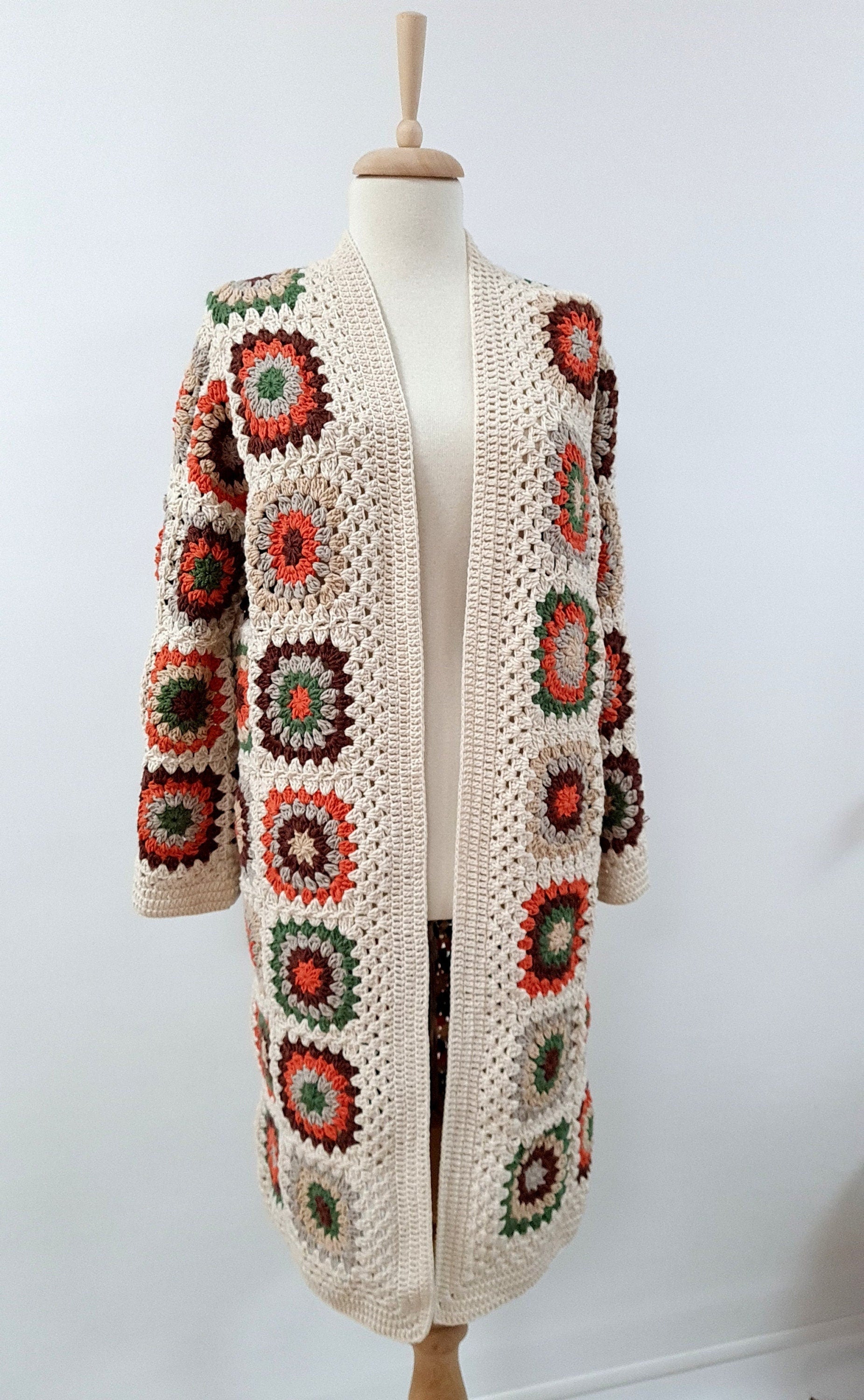 Handmade Crochet Granny Square Cardigan: Boho Patchwork Knit Coat