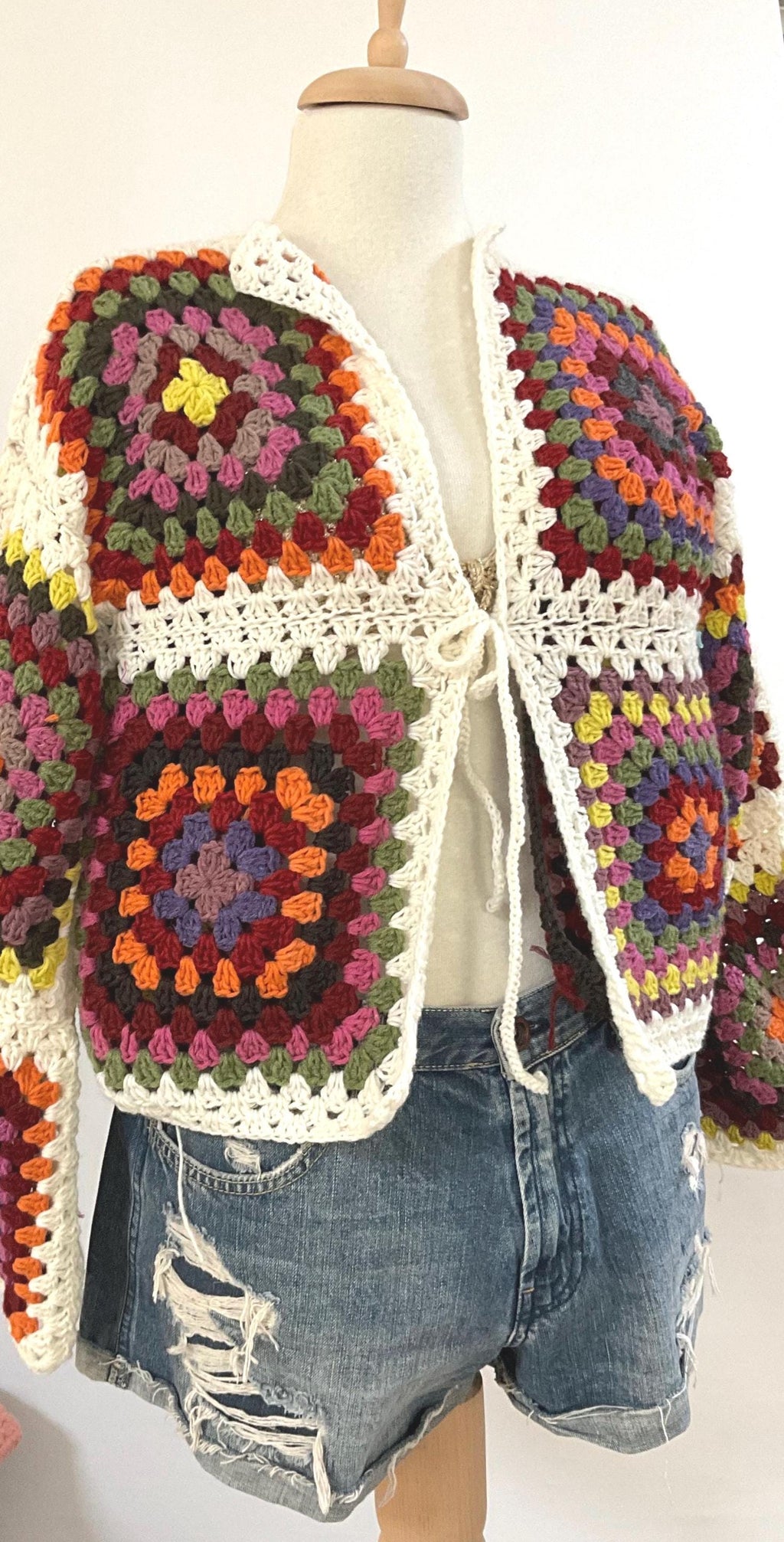 Crochet Granny Square Cardigan: Multicolor Boho Festival Jacket