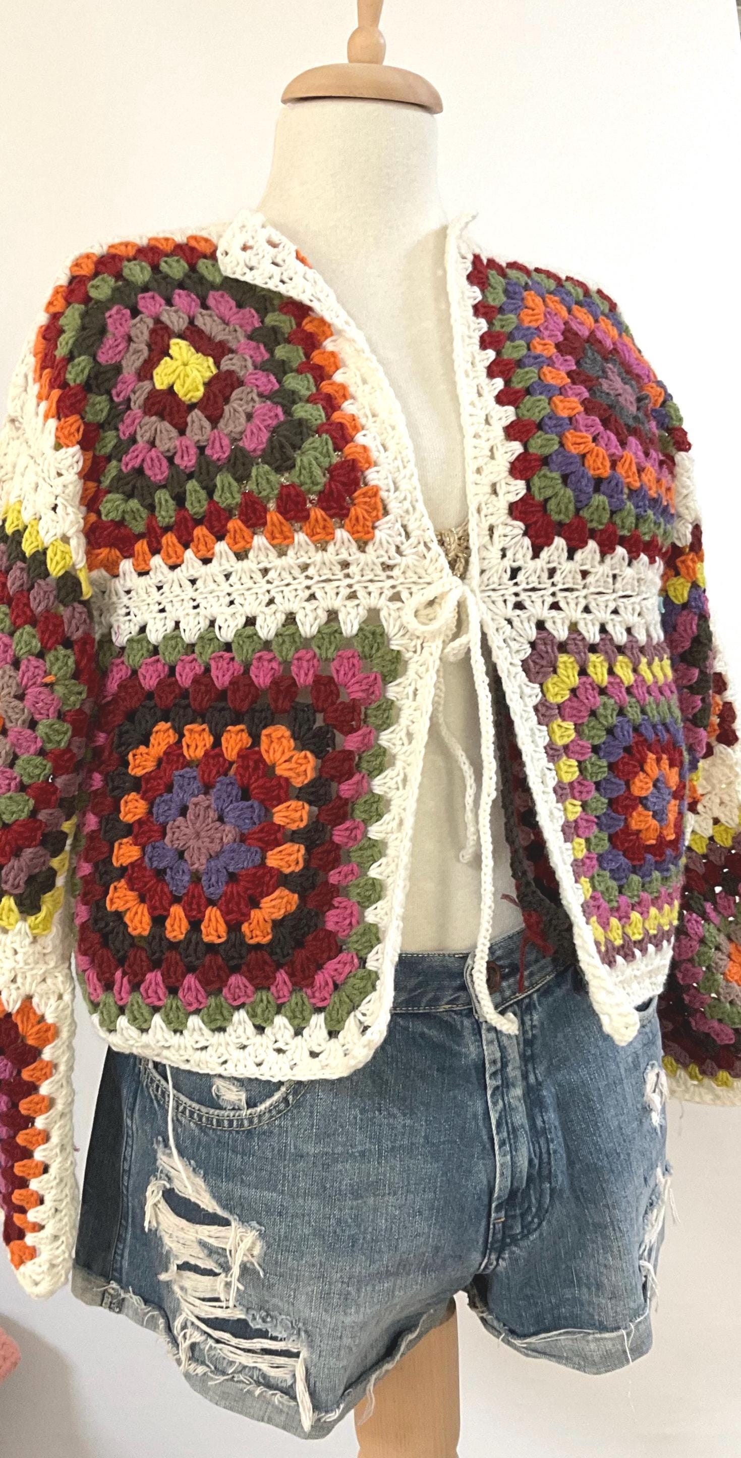 Crochet Granny Square Cardigan: Multicolor Boho Festival Jacket
