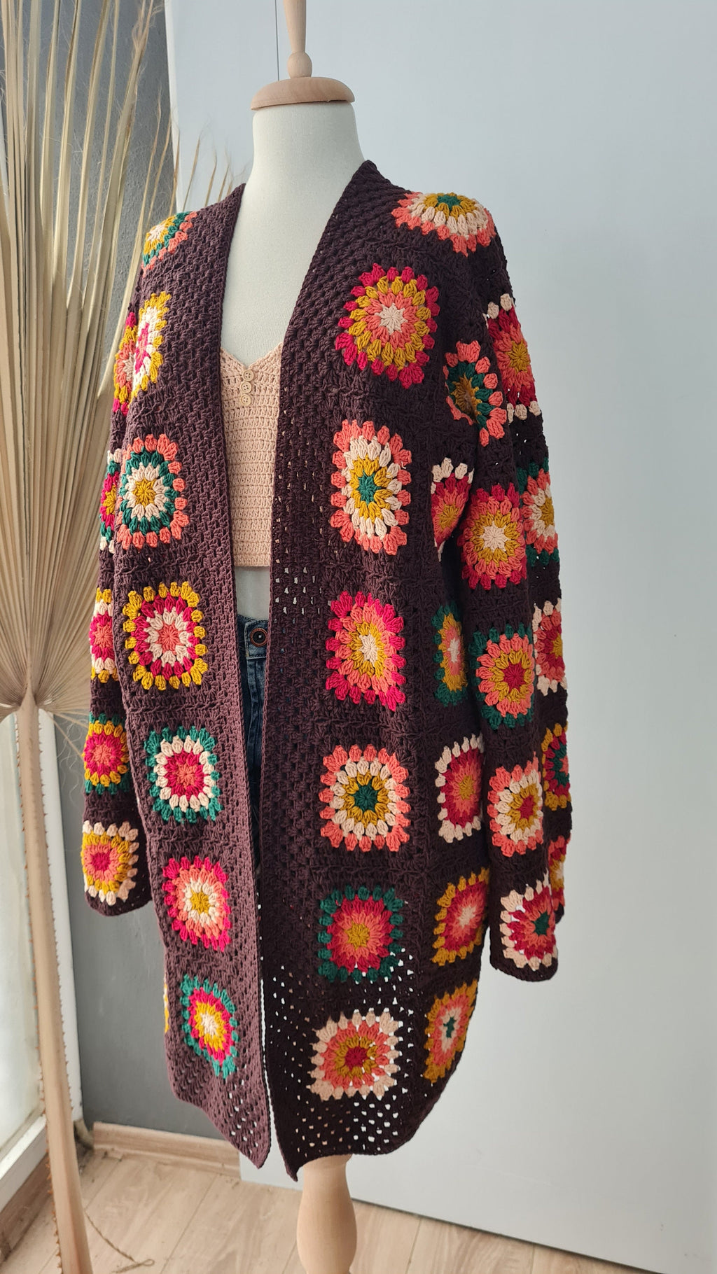 Handmade Granny Square Crochet Cardigan: Brown Patchwork Afghan Coat